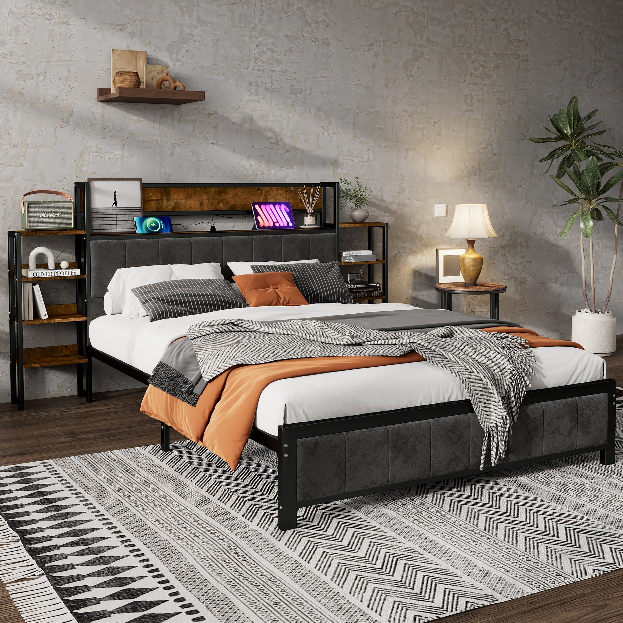 Logidon metalen bed 140x200 met opbergruimte USB-poorten zwart walnoot