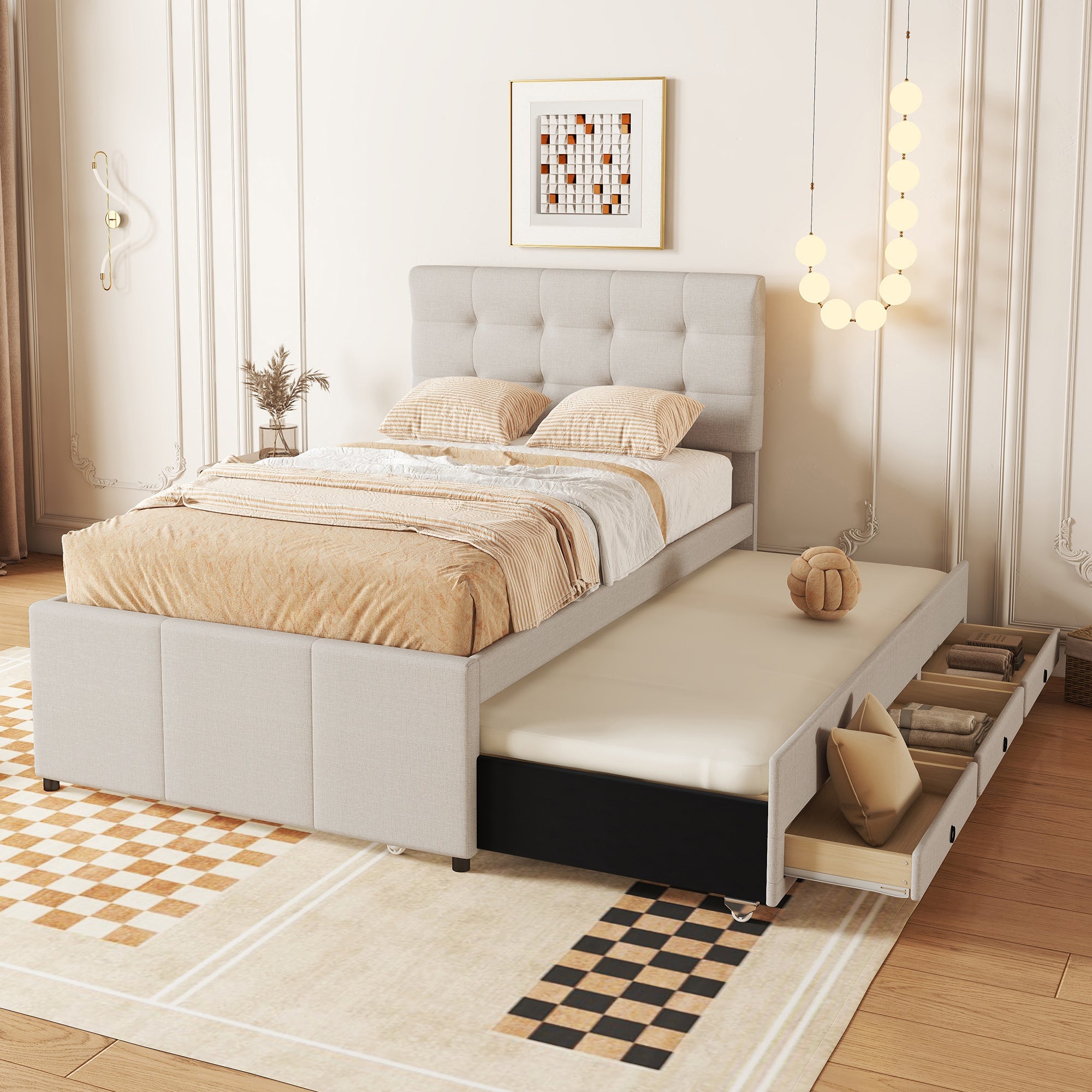 Logidon gestoffeerd bed 90x200 beige uitschuifbaar onderschuifbed 3 lades
