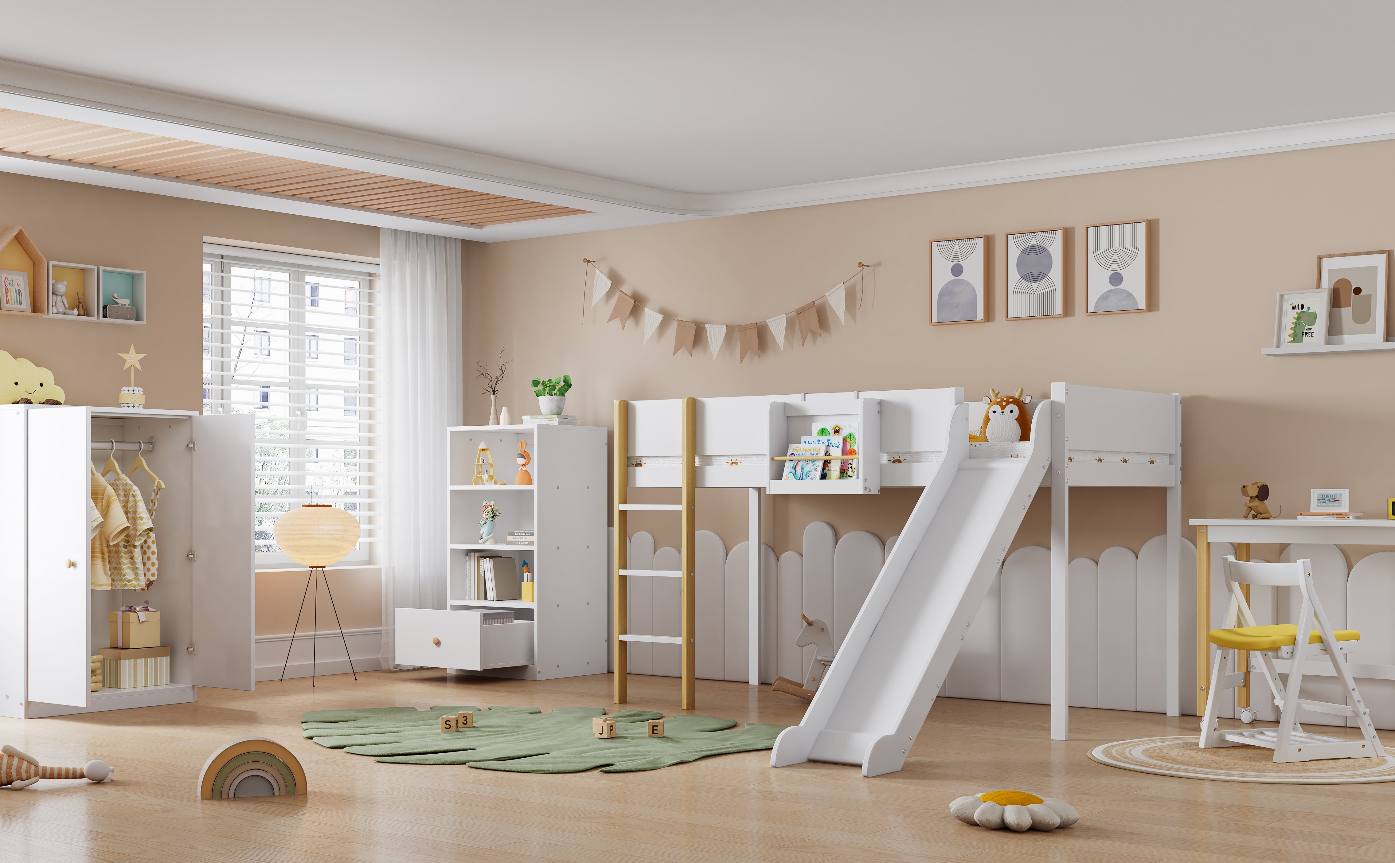 Logidon complete bedroom 3-piece loft bed with slide white/natural