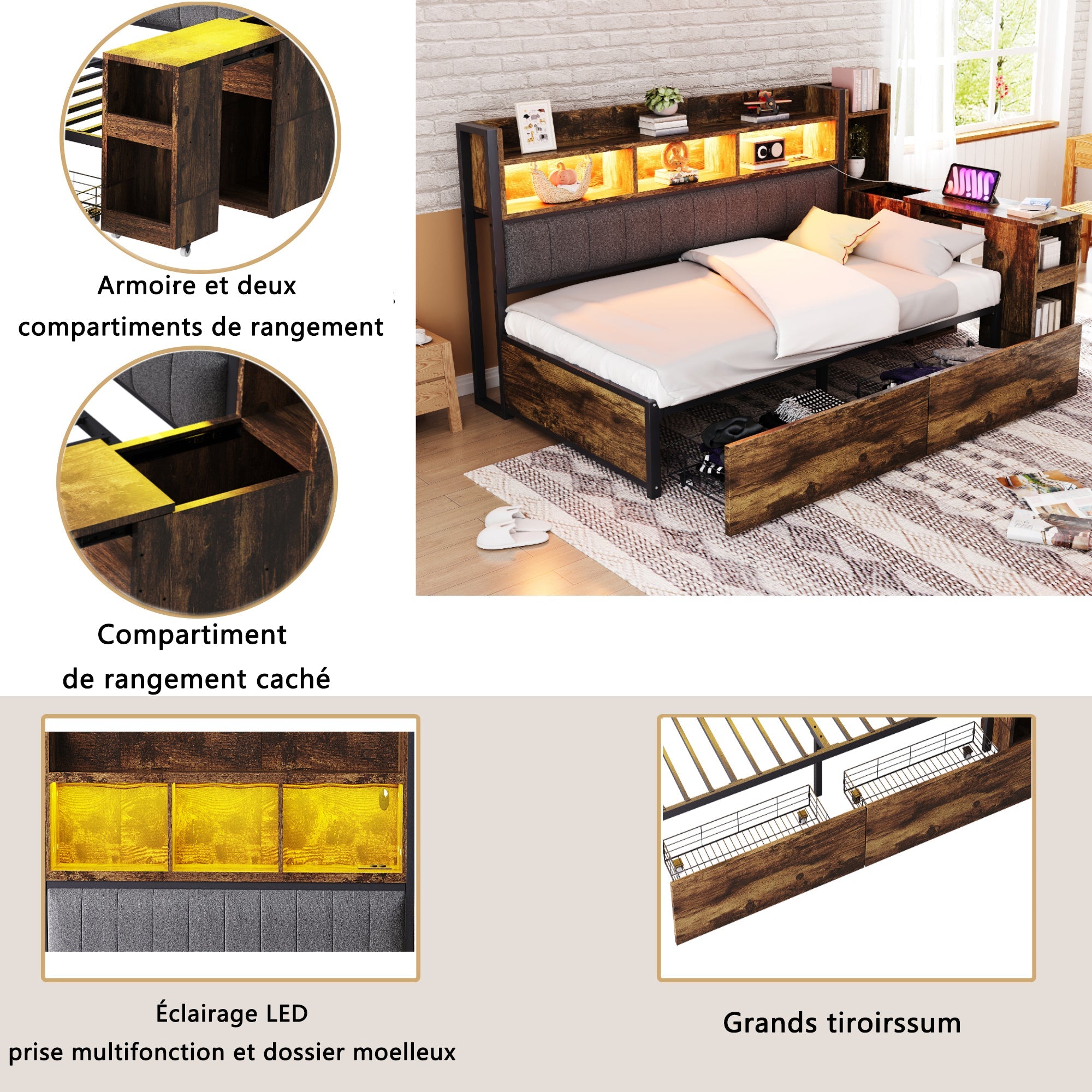 Logidon ijzeren slaapbank 90 x 200 cm houtlook opbergruimte LED