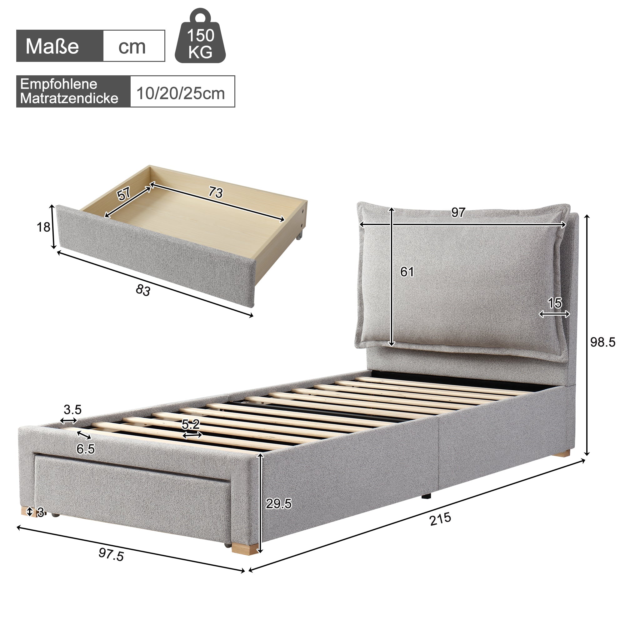 Logidon gestoffeerd bed 90x200 cm functioneel bed grote lade grijze chenille