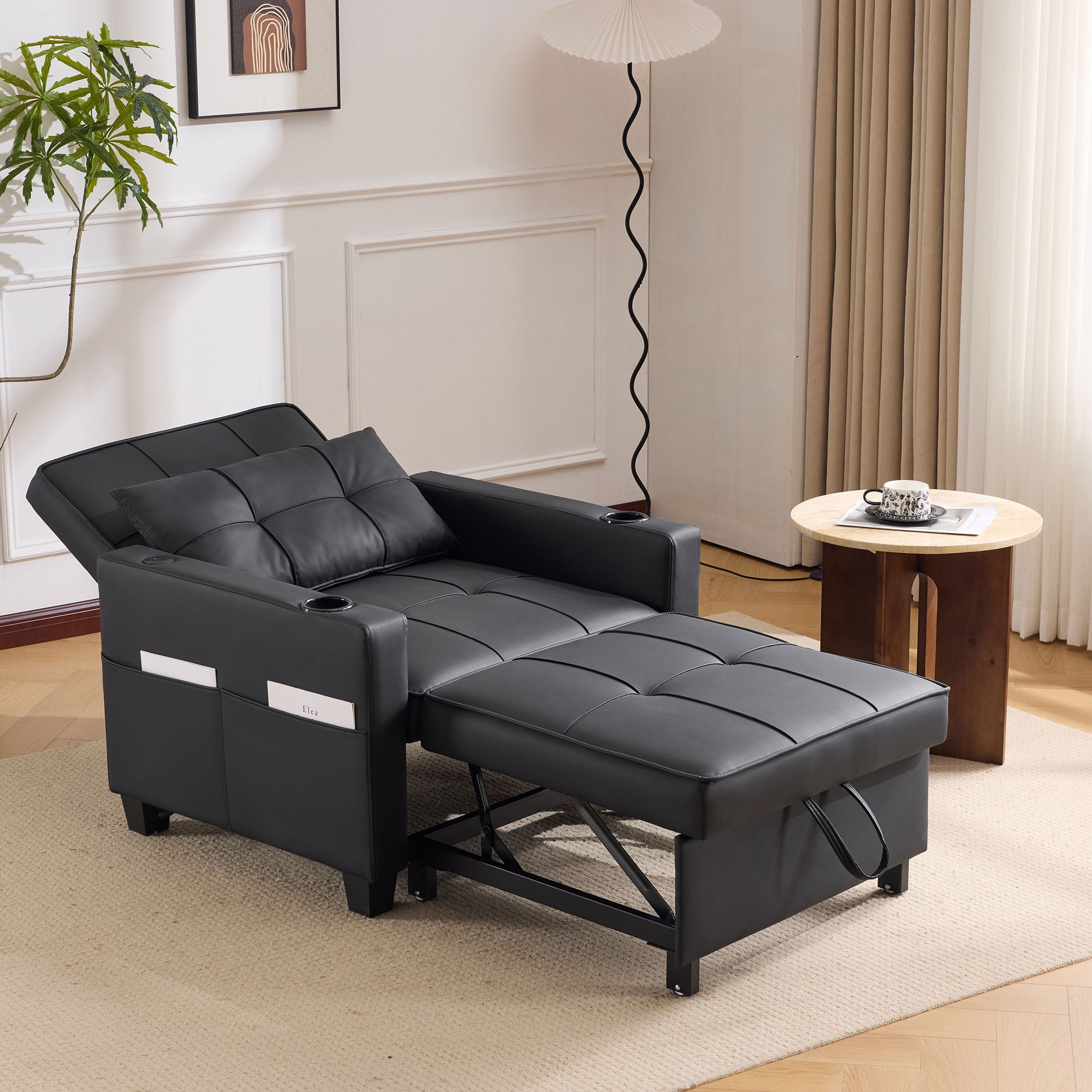 Logidon 3-in-1 uitschuifbare slaapbank, fauteuil, zwarte USB-bekerhouder