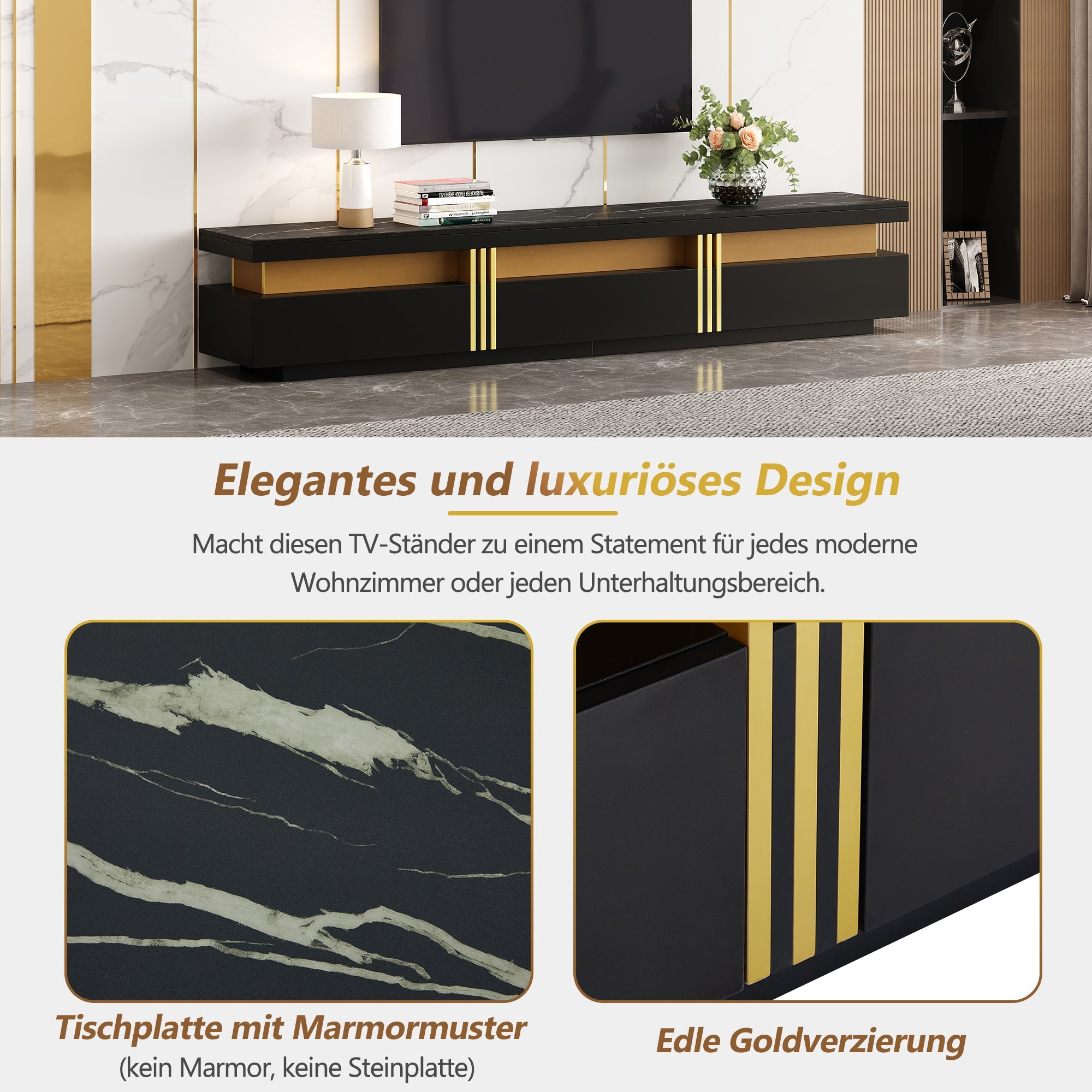 Logidon Modern TV Lowboard Black Marble Look 200 x 40 x 42 cm