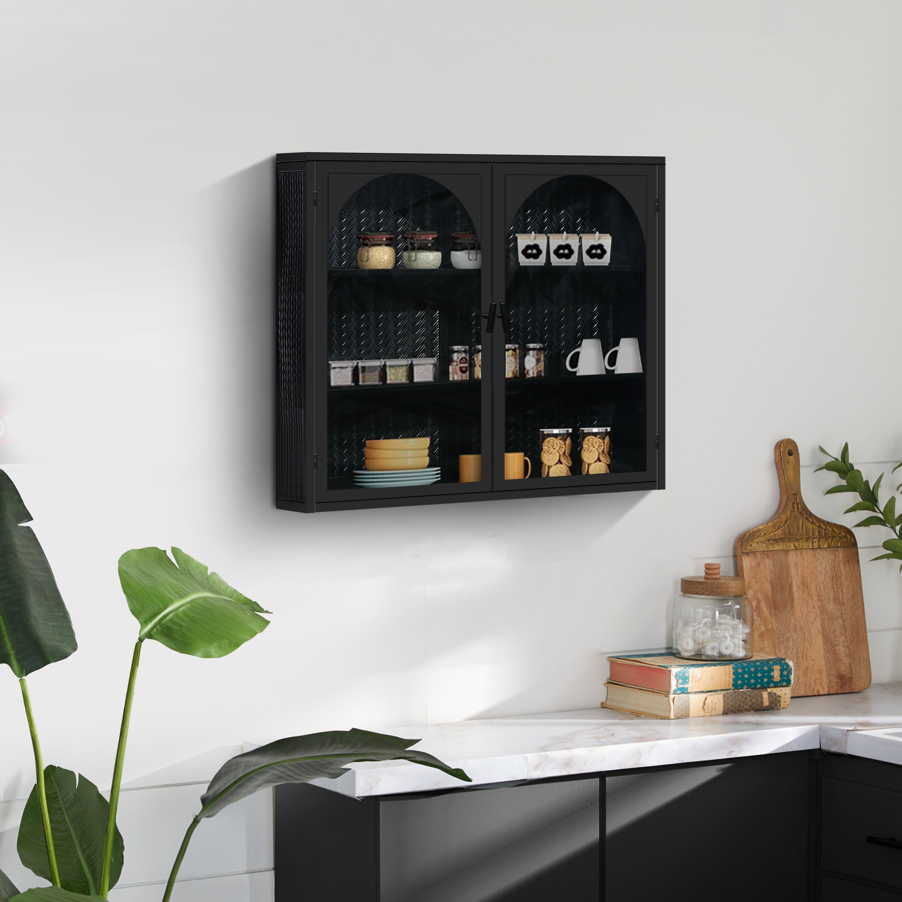 Logidon 70 cm glazen wandkast zwart met drie opbergniveaus