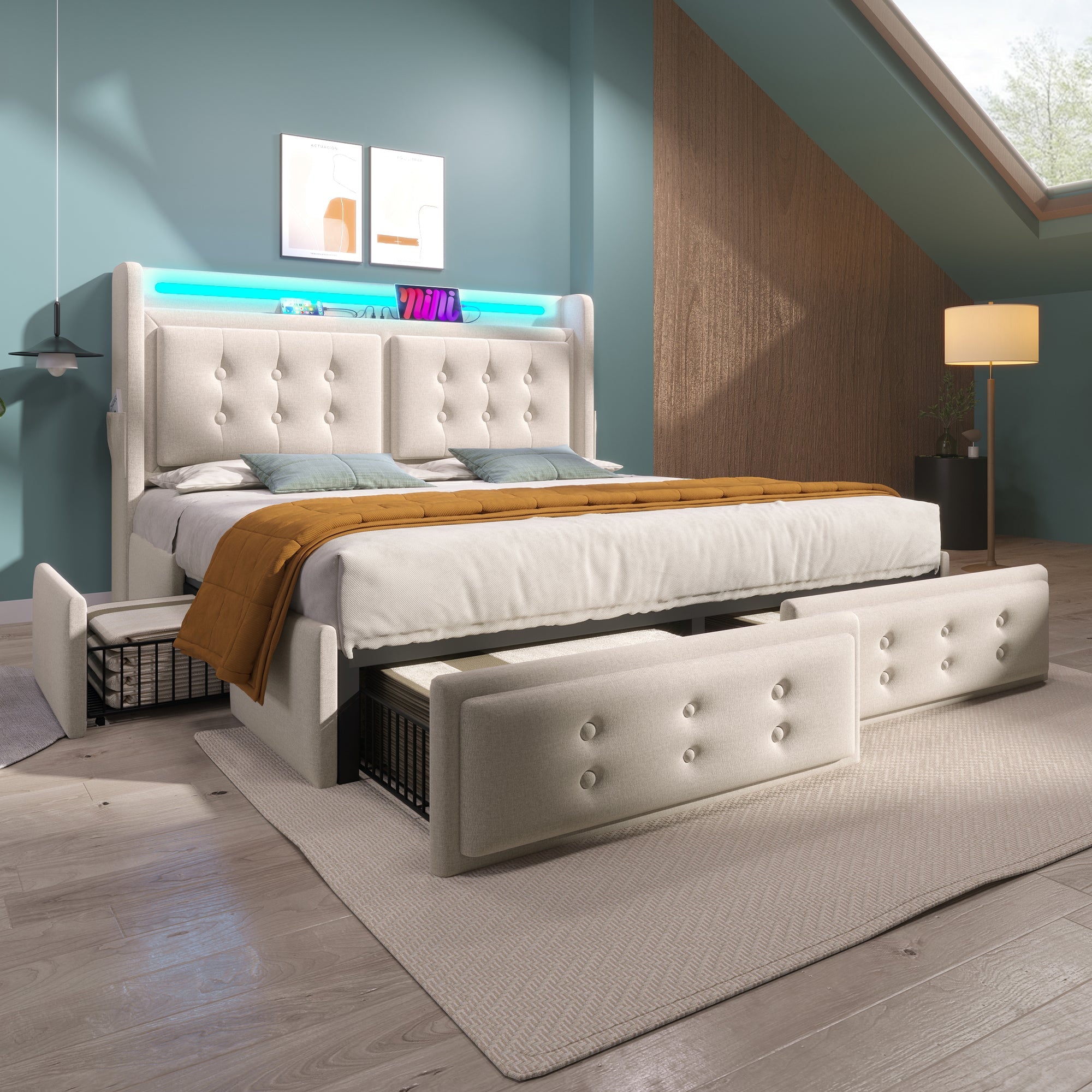 Logidon gestoffeerd bed 140x200 beige met LED hoofdbord USB C oplaadfunctie