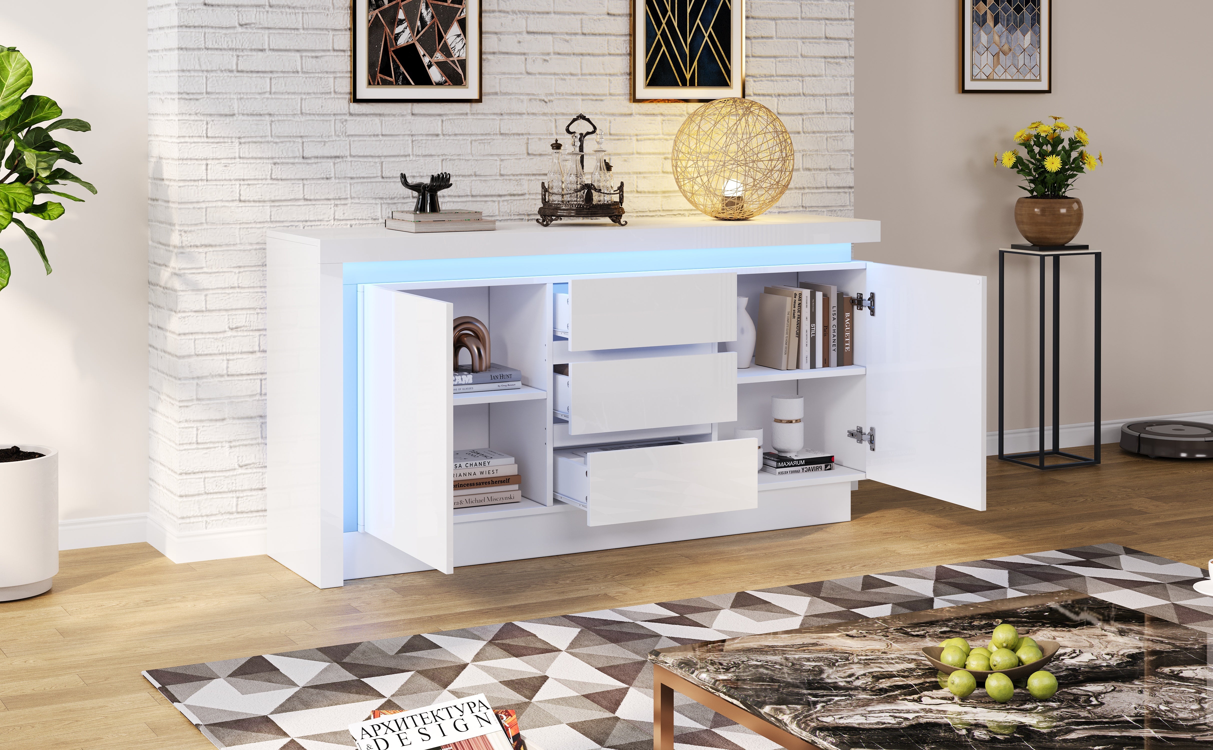 Logidon sideboard 140x35x72 cm white high gloss with LED