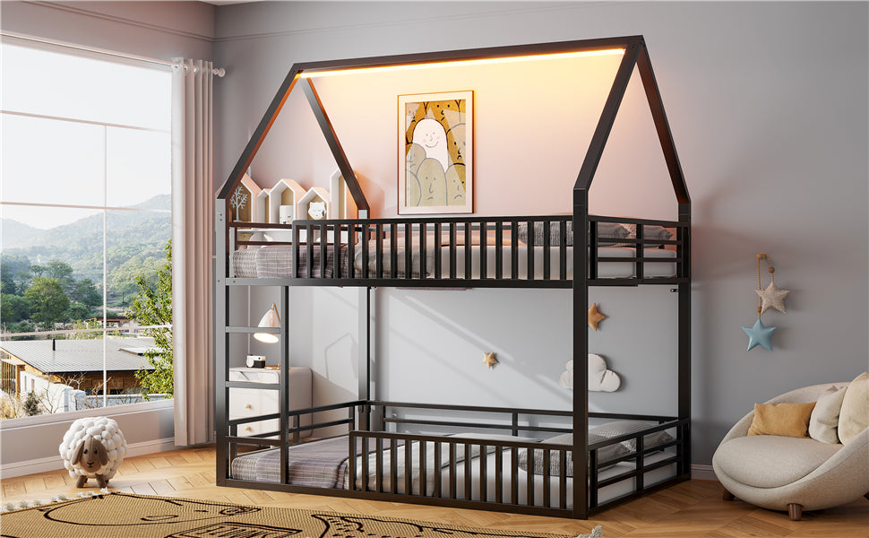 Logidon House stapelbed 140x200 met hekwerk en LED-licht zwart