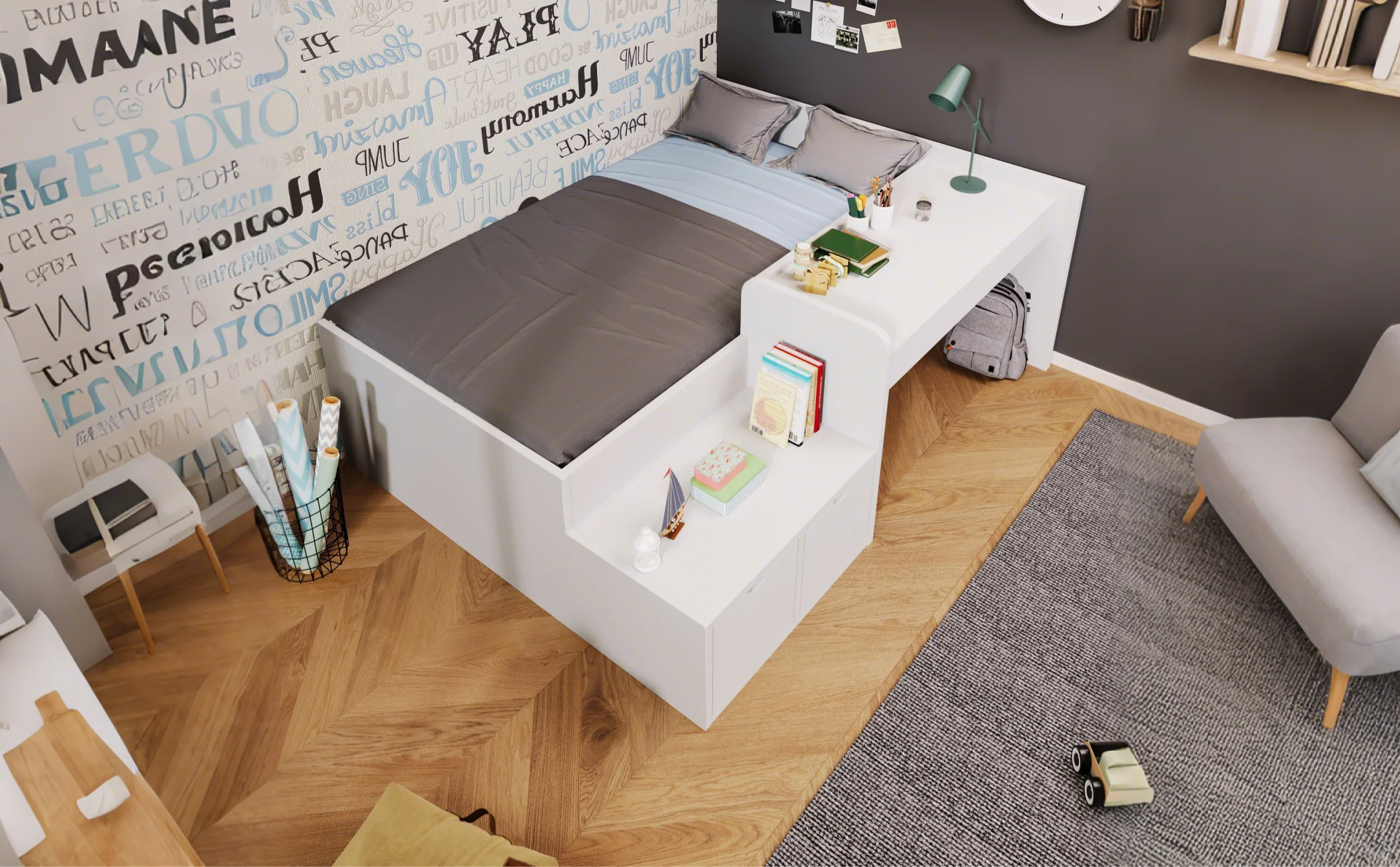 Logidon kinderbed 90x200 massief hout wit met bureau en opbergruimte