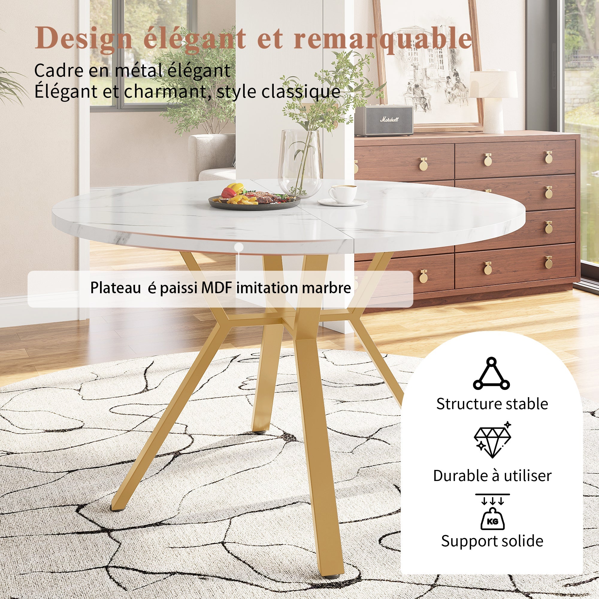 Logidon ronde eettafel marmerlook witgoud 100 cm diameter