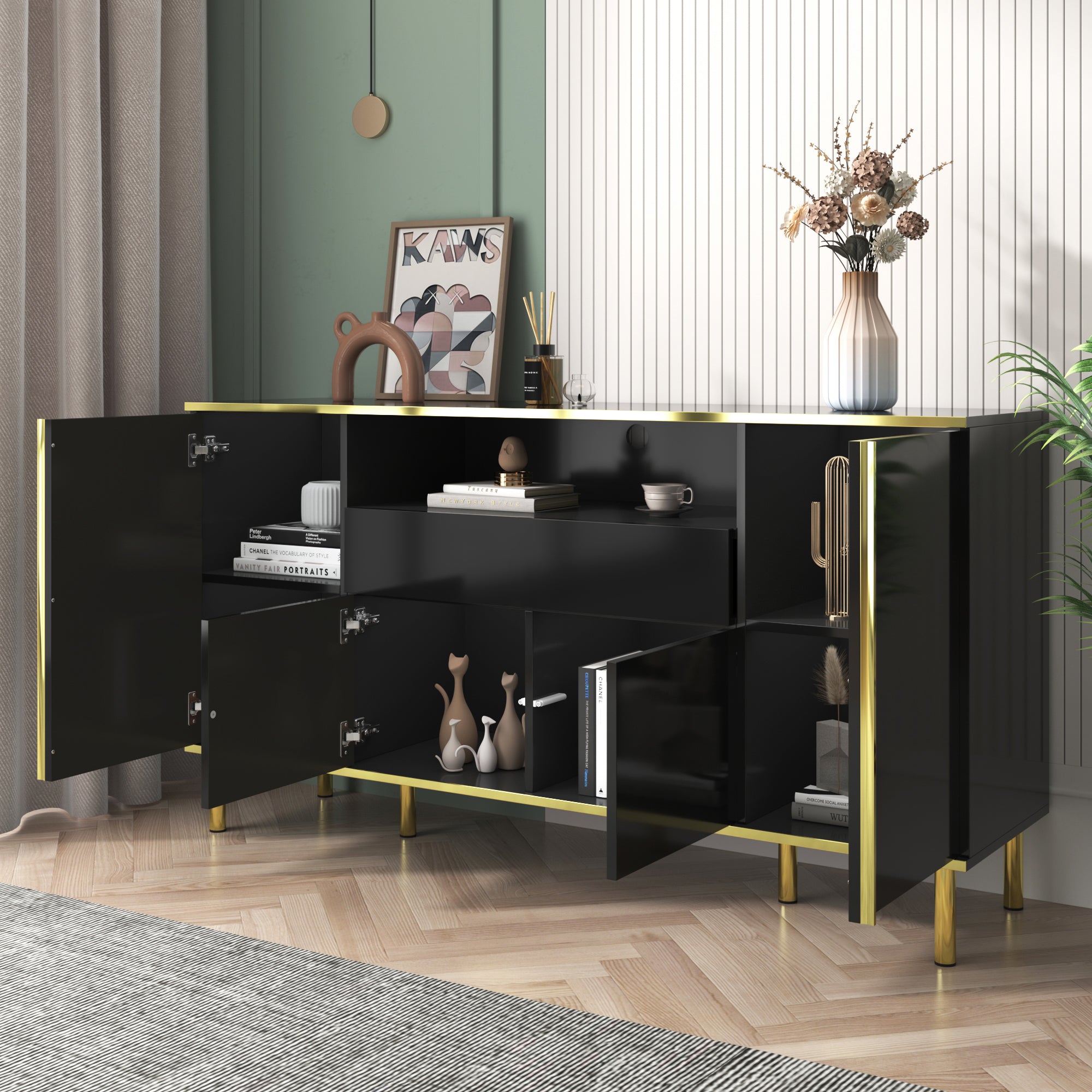 Logidon high-gloss sideboard black 150x40x80 with LED accents