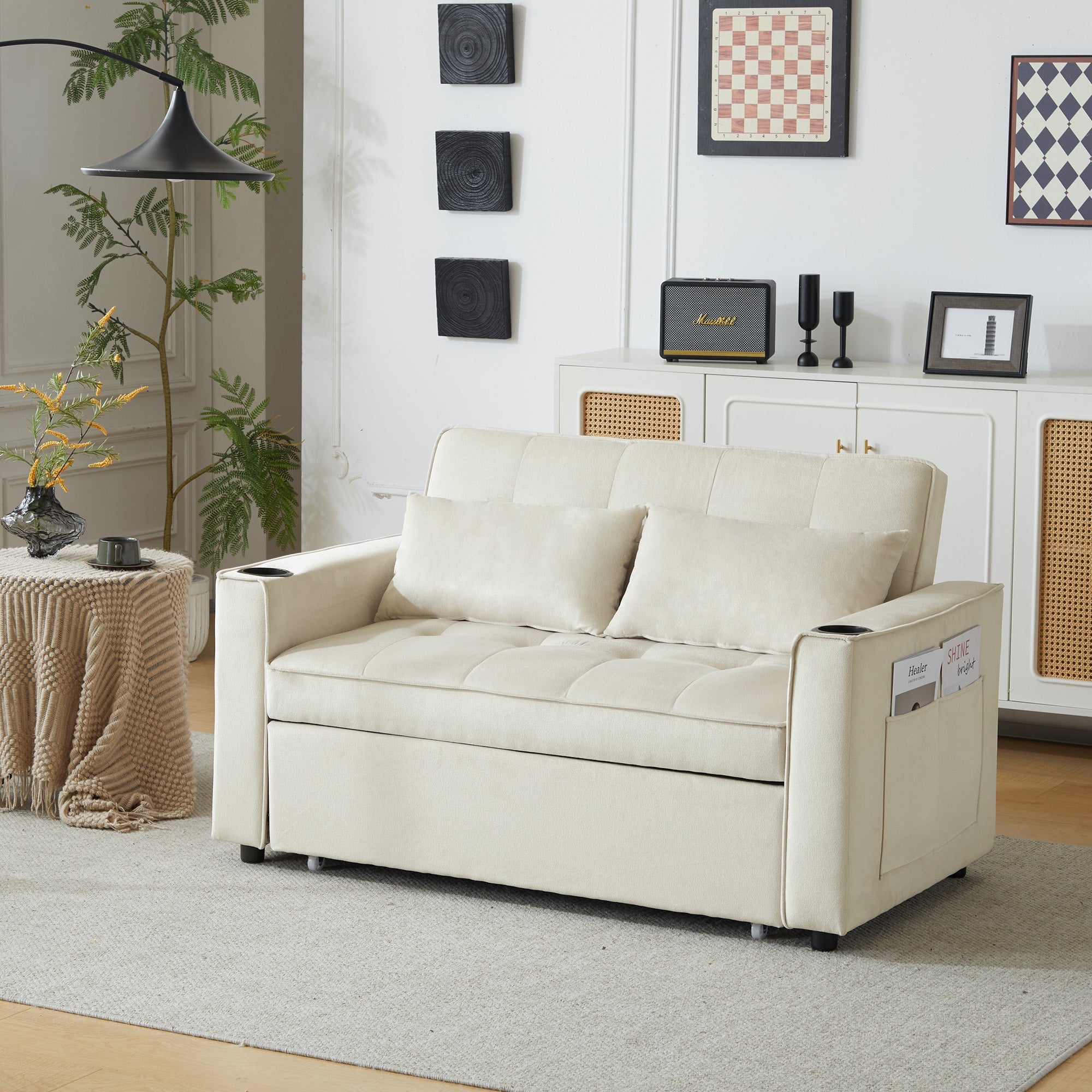 Logidon slaapbank beige fluweel met bekerhouder en kussen