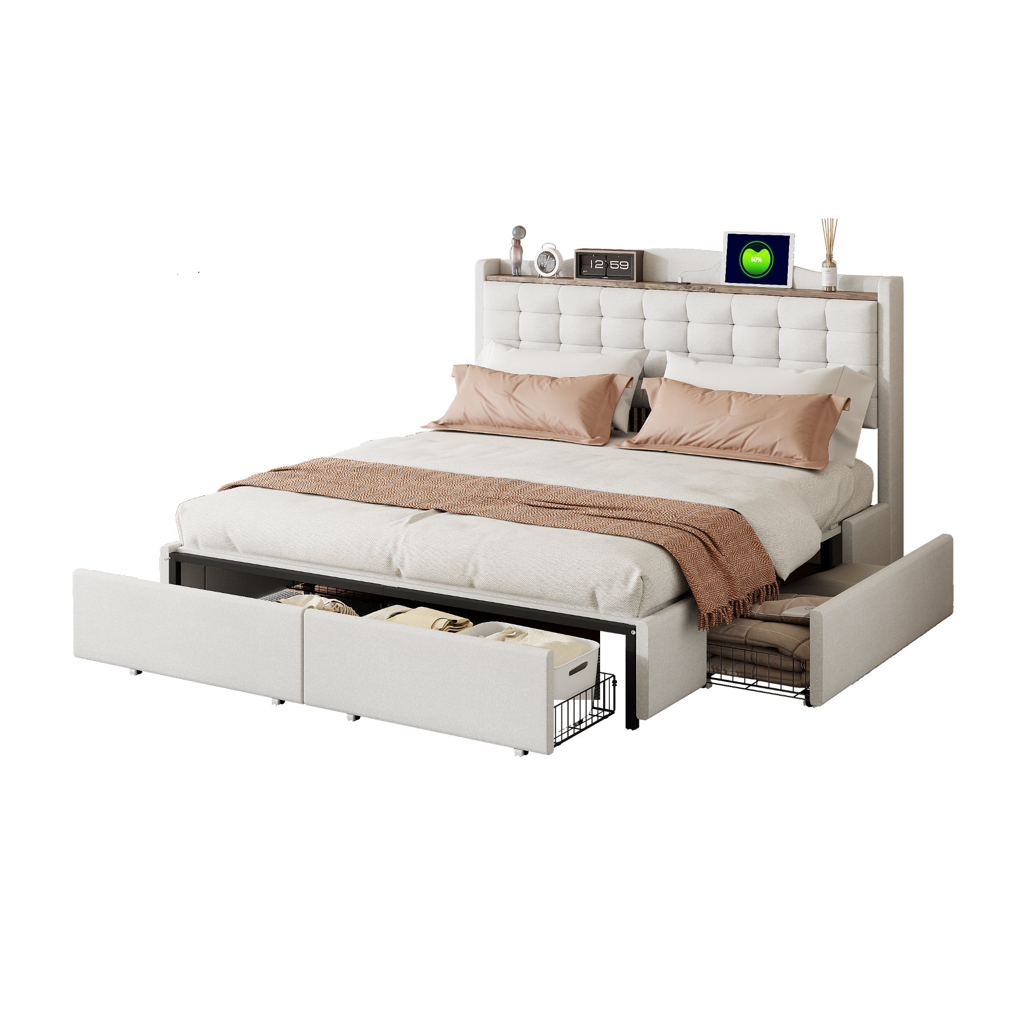 Logidon gestoffeerd bed 160x200 cm beige linnen stof USB-oplaadpoort