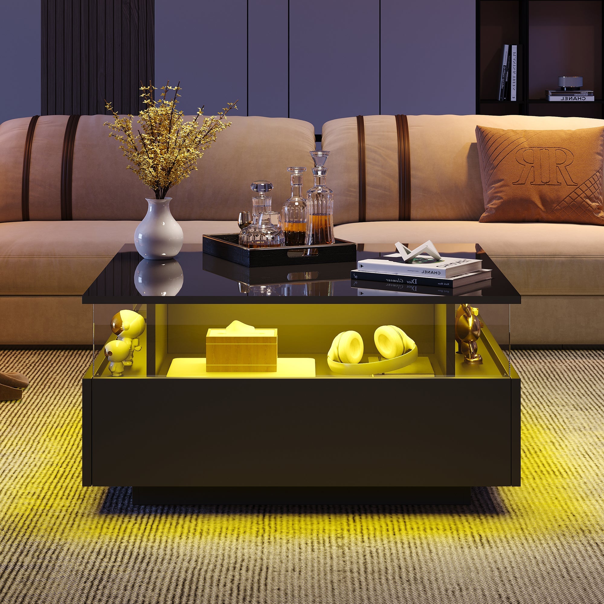Logidon hoogglans LED salontafel 90x55x45 cm zwart 2 lades