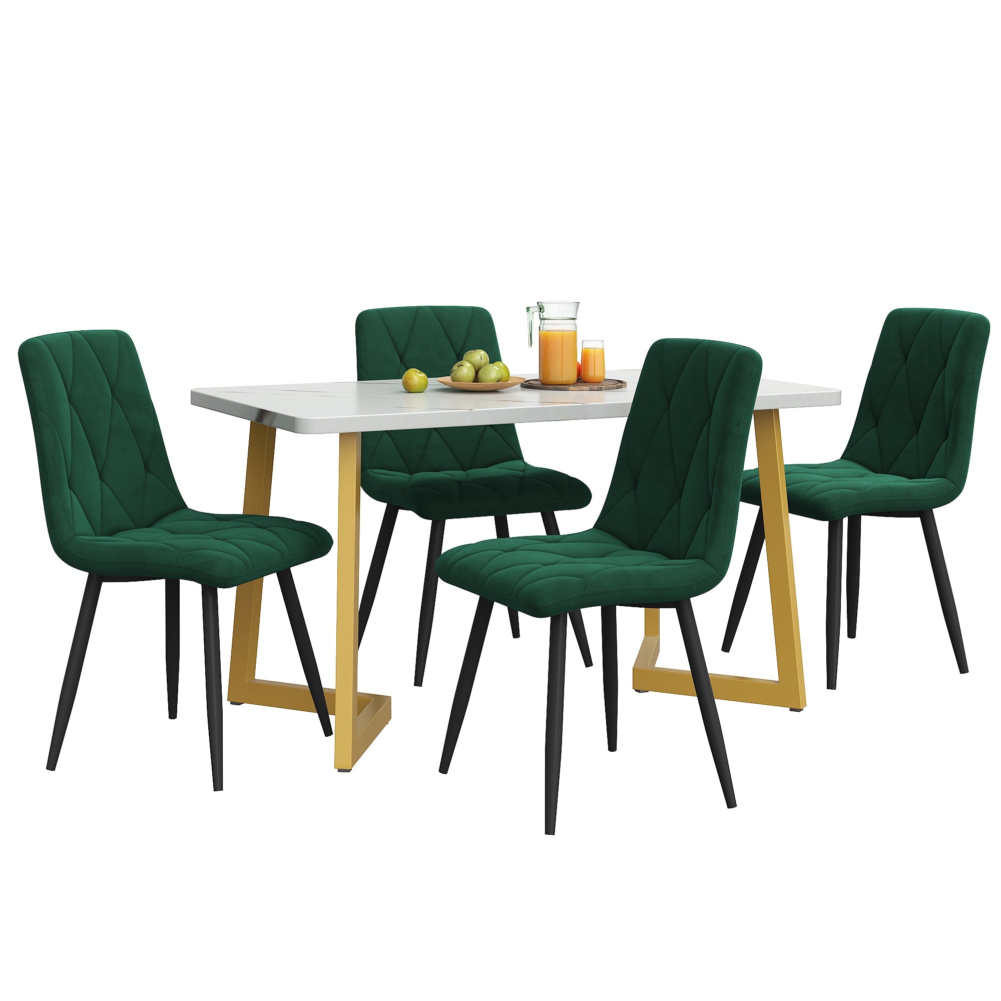 Logidon eetgroep 117x68 cm met donkergroene fluwelen stoelen en gouden tafelpoten