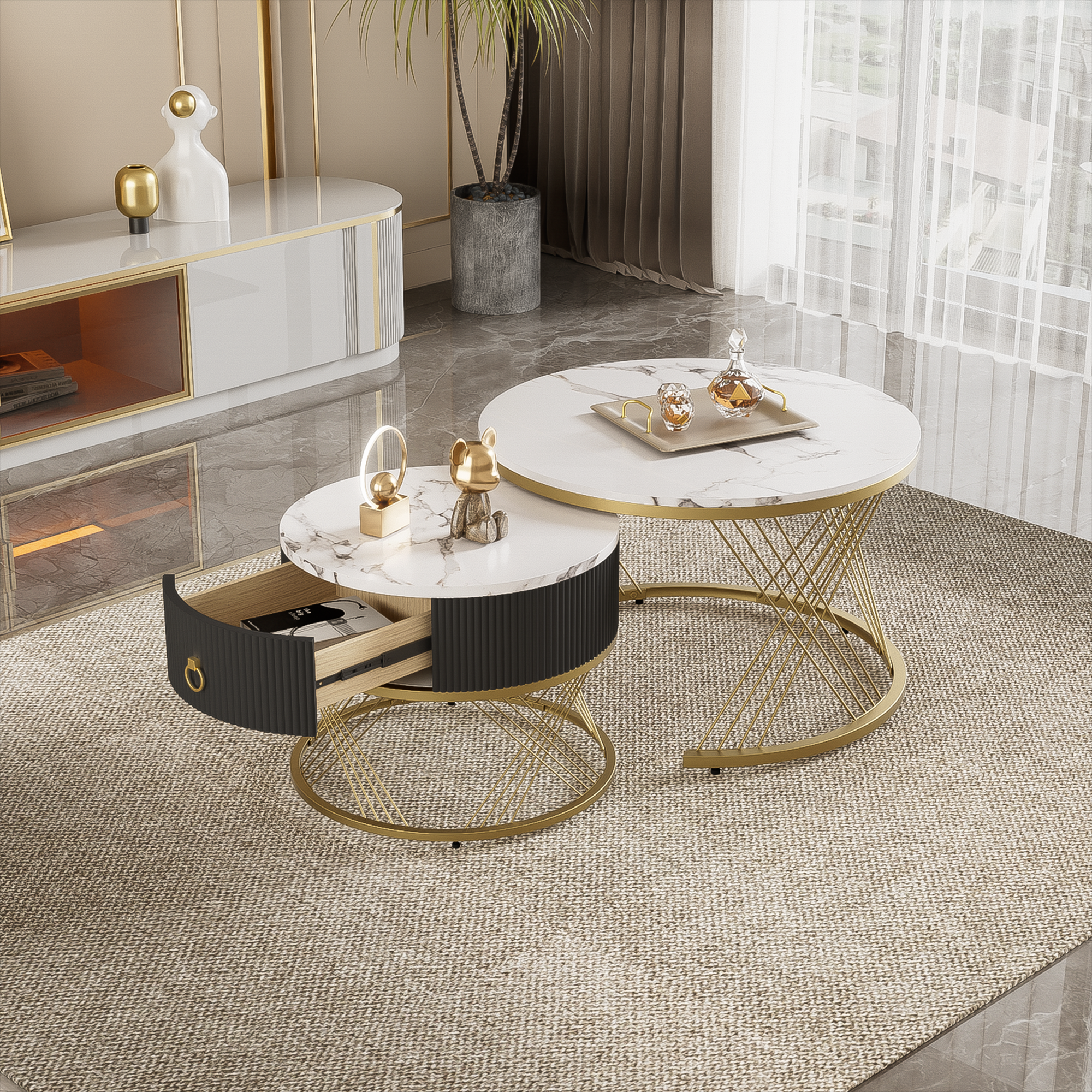 Logidon elegante modulaire salontafelset marmerlook witgoud decor set van 2