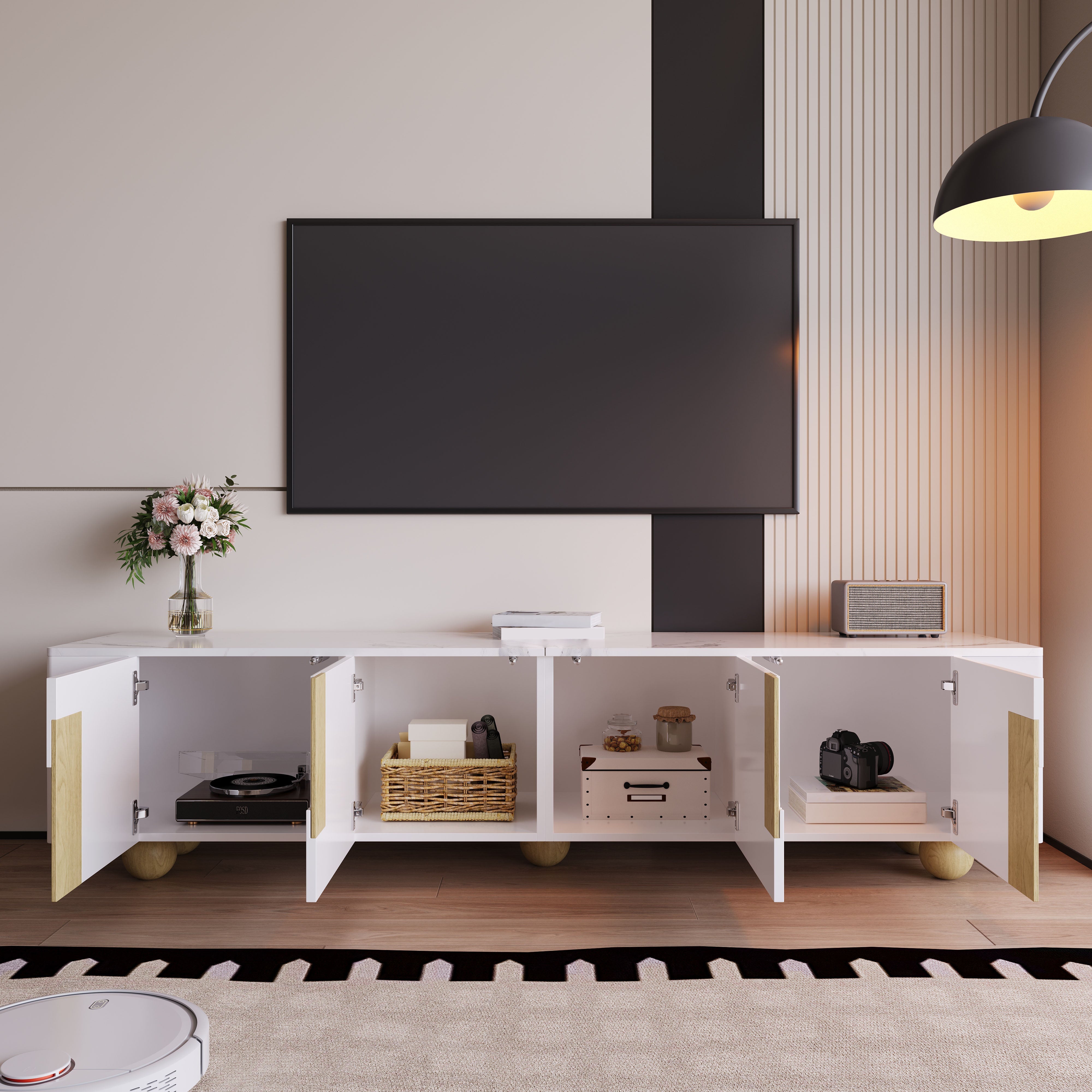 Logidon Wit TV-meubel 180 cm - 4 deuren, marmerlook, houten poten