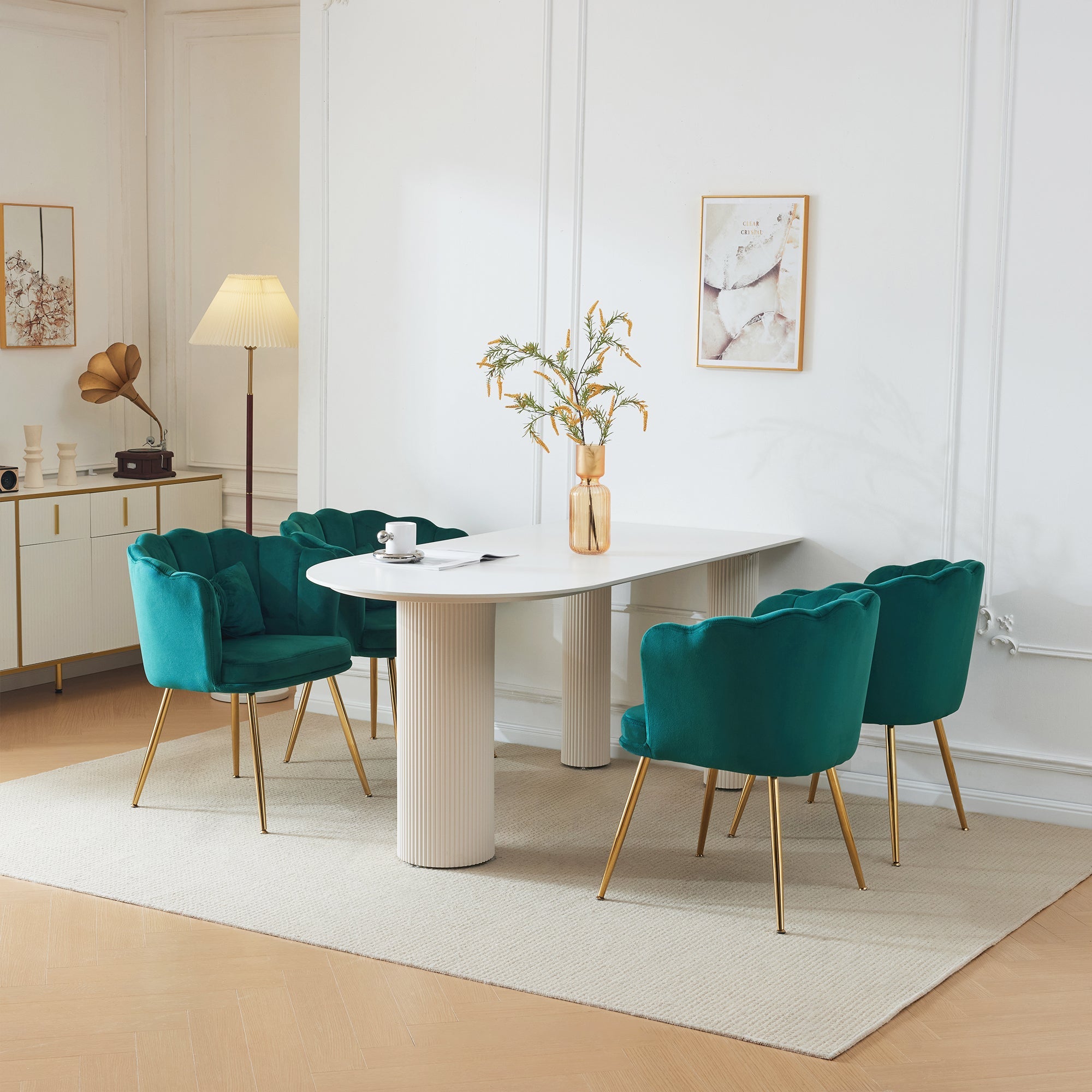 Logidon Set van 4 Fluwelen Stoelen Groen met Bladdesign en Gouden Poten