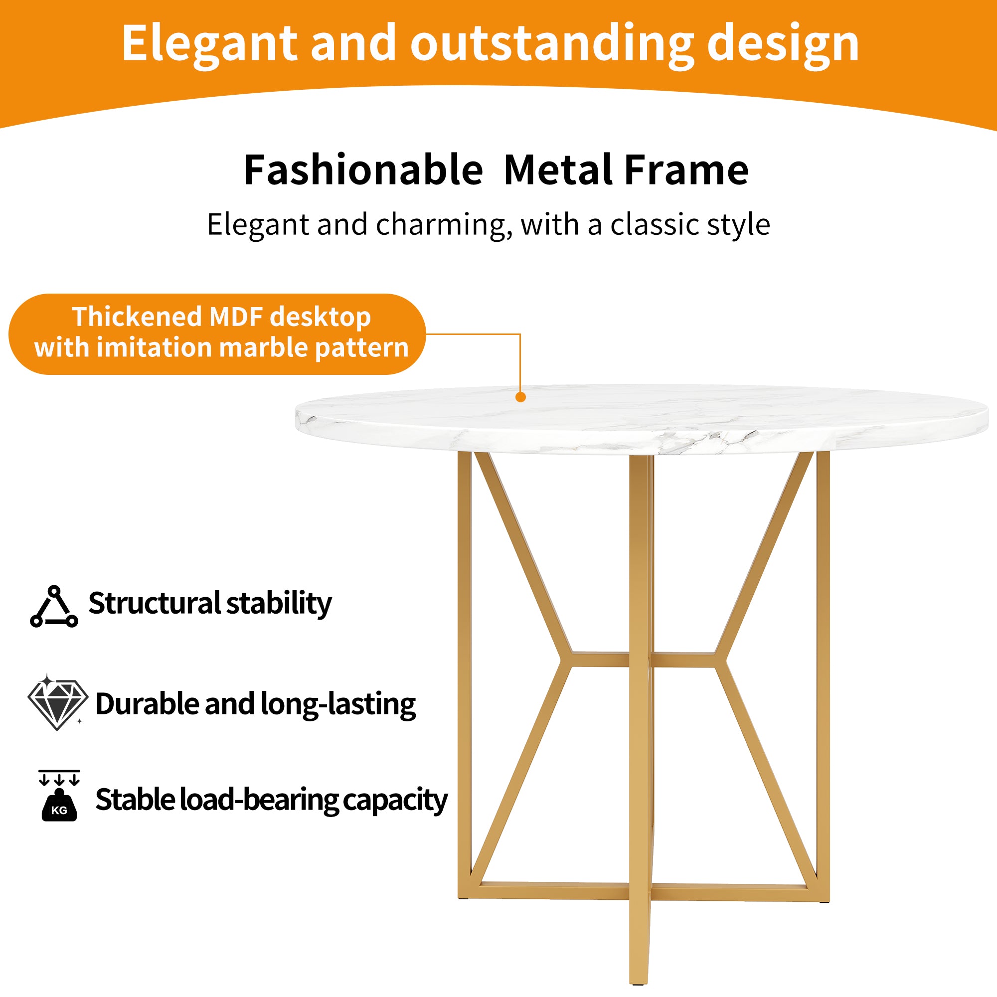 Logidon ronde eettafel 80x80 cm marmerlook gouden poten 4-6 personen