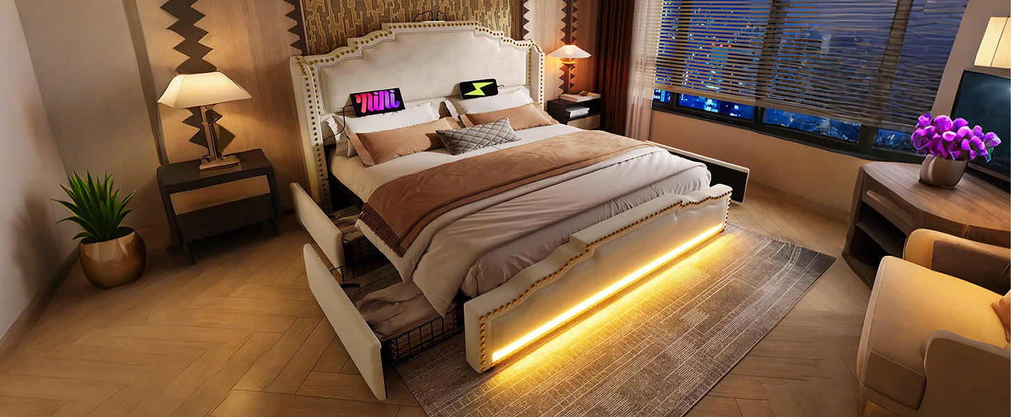 Logidon gestoffeerd bed 140x200 beige met 4 lades LED USB-C