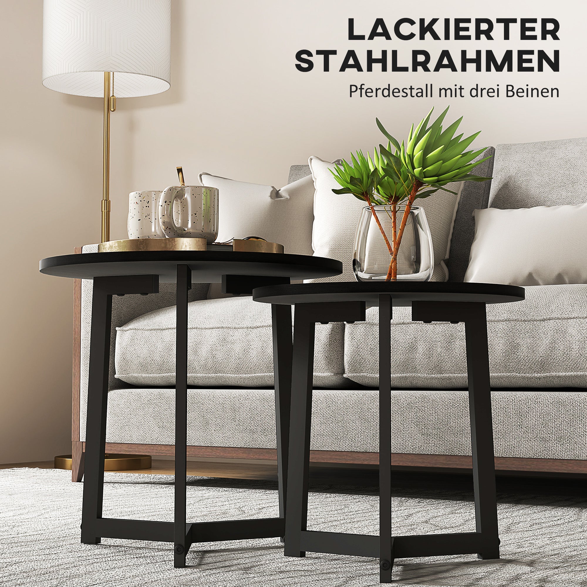 Logidon Set van 2 ronde salontafels Zwart staal MDF