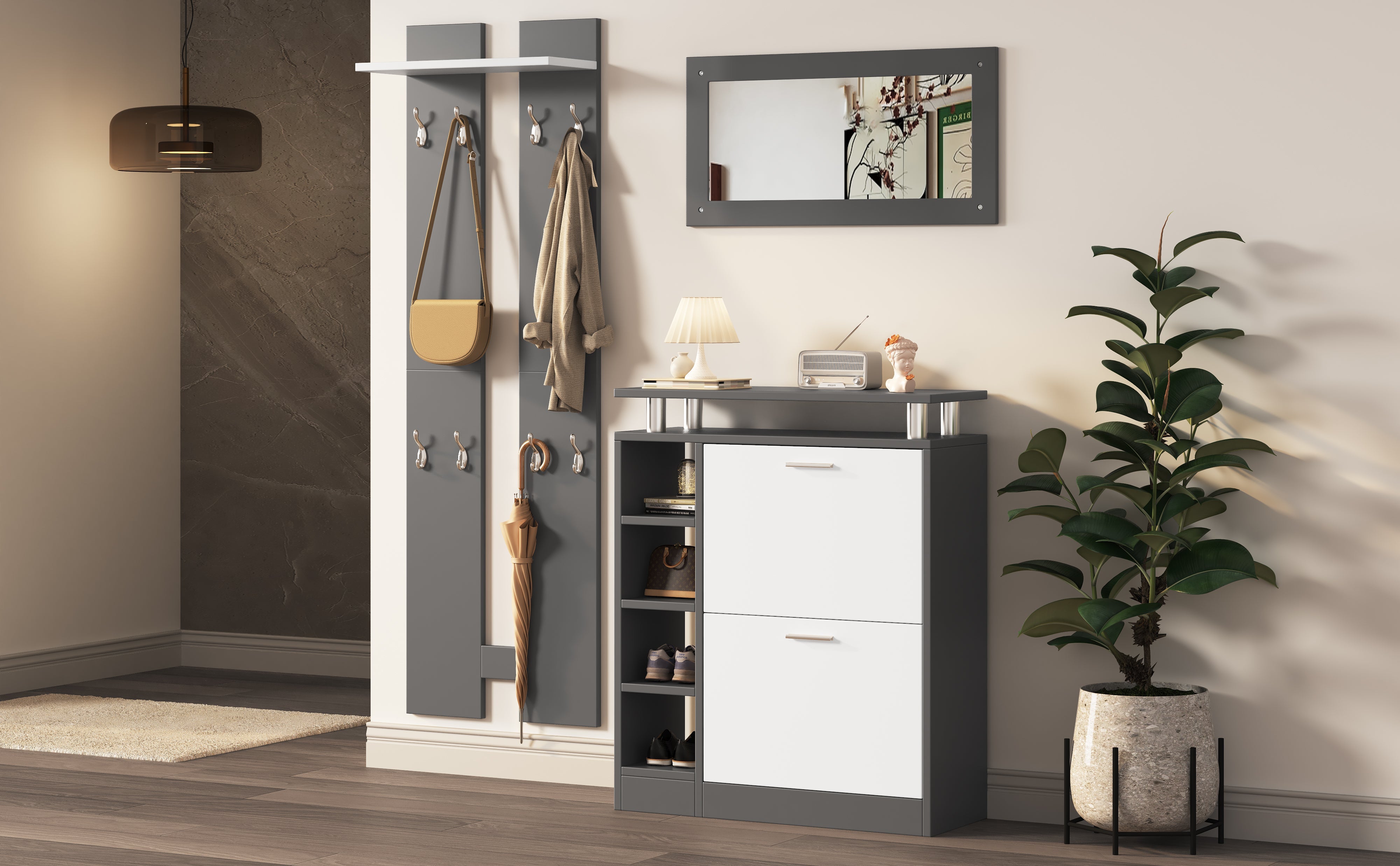 Logidon wandkapstokset 80 x 25 x 96,5 cm grijs witte spiegel