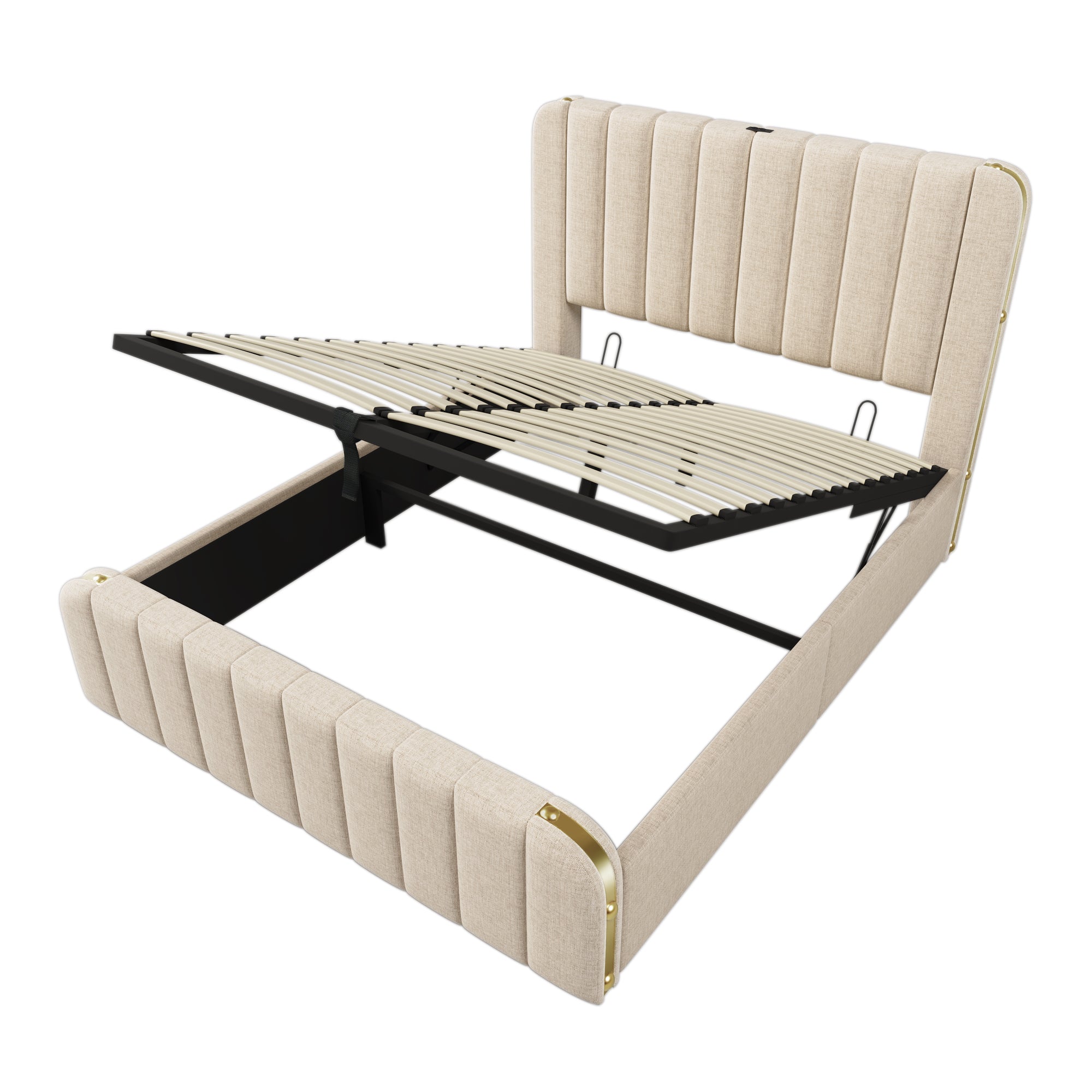 Logidon gestoffeerd bed 160x200 beige linnen met hoofdeinde gouden rand USB-C