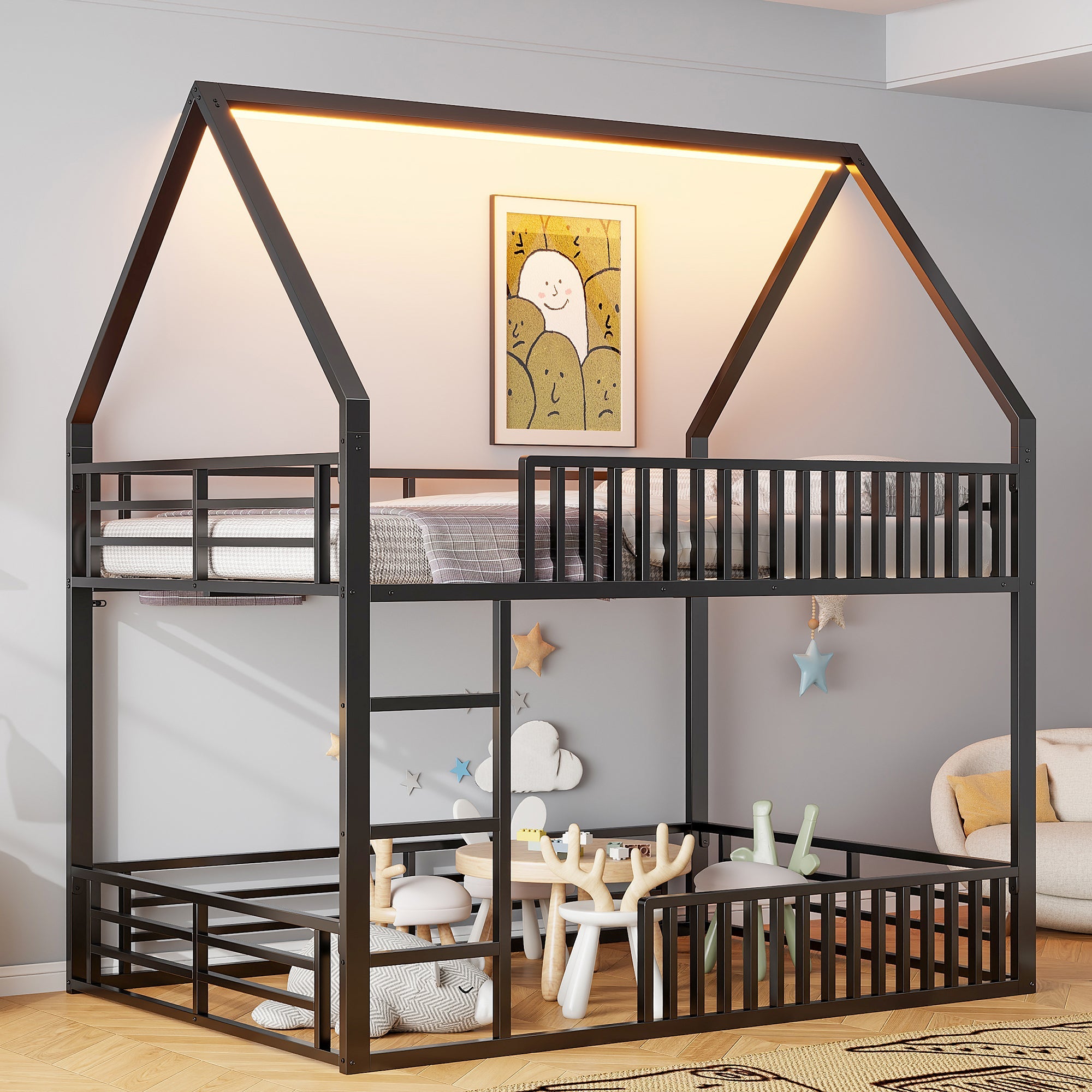Logidon House stapelbed 140x200 met hekwerk en LED-licht zwart