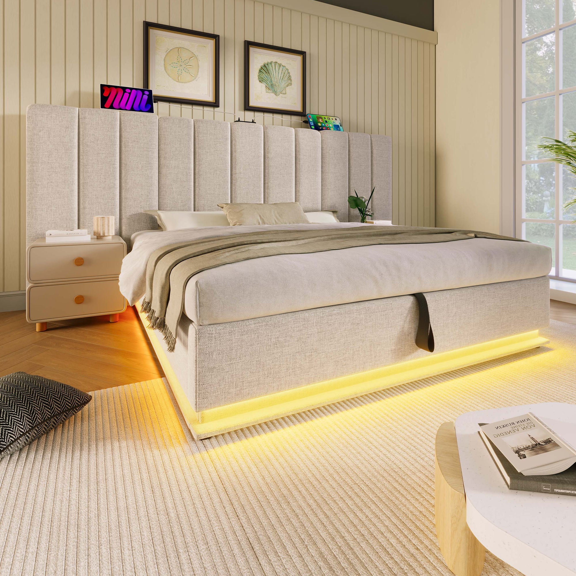 Logidon gestoffeerd bed 180x200 opbergruimte met LED USB oplaadfunctie beige