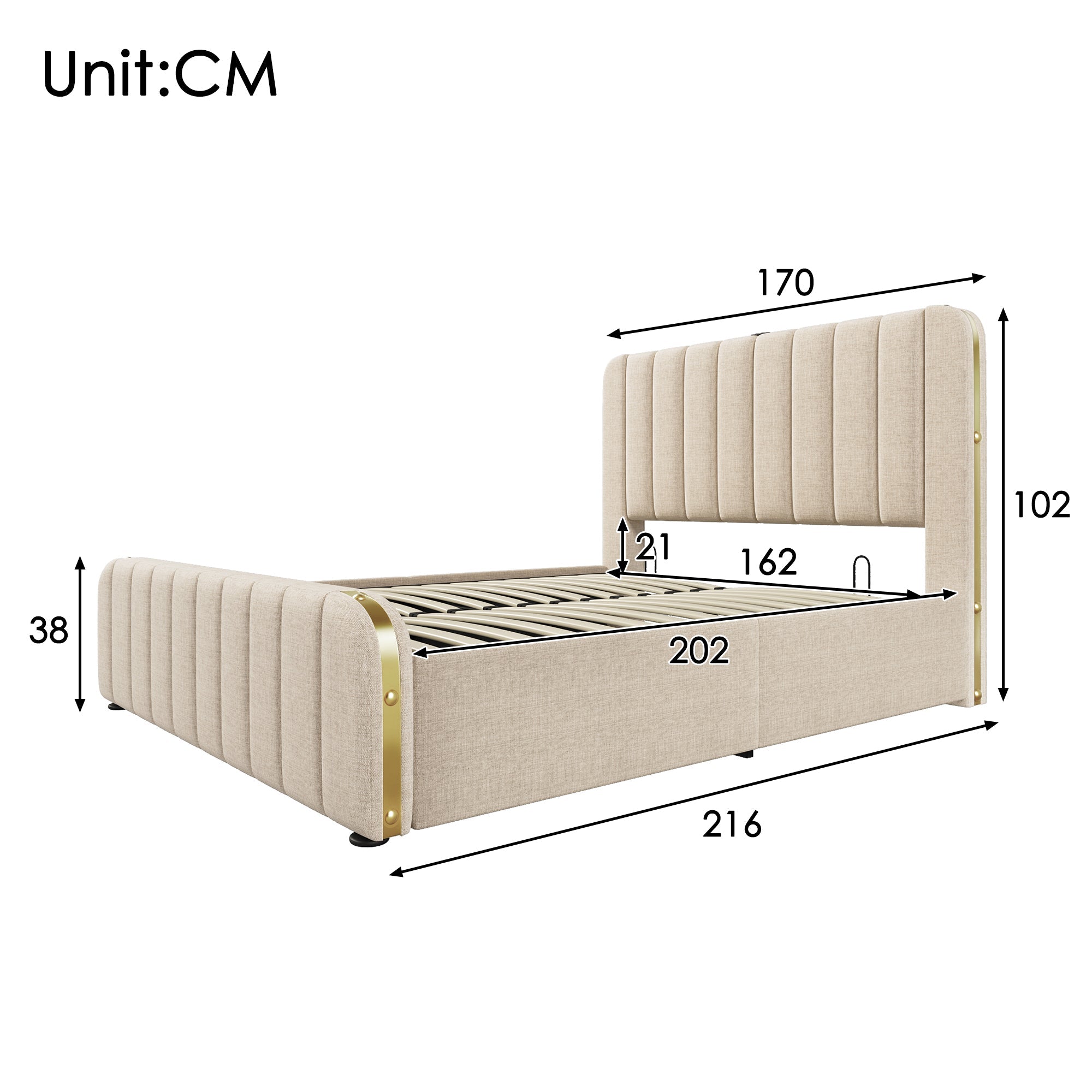Logidon gestoffeerd bed 160x200 beige linnen met hoofdeinde gouden rand USB-C