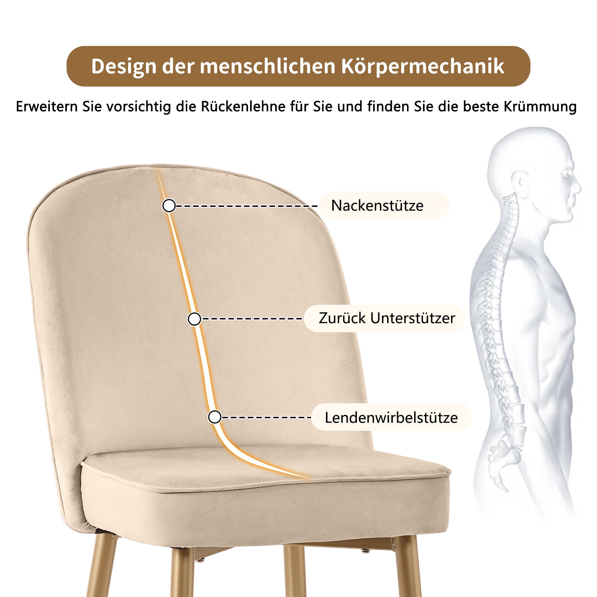 Logidon Set van 2 eetkamerstoelen beige fluweel met gouden poten