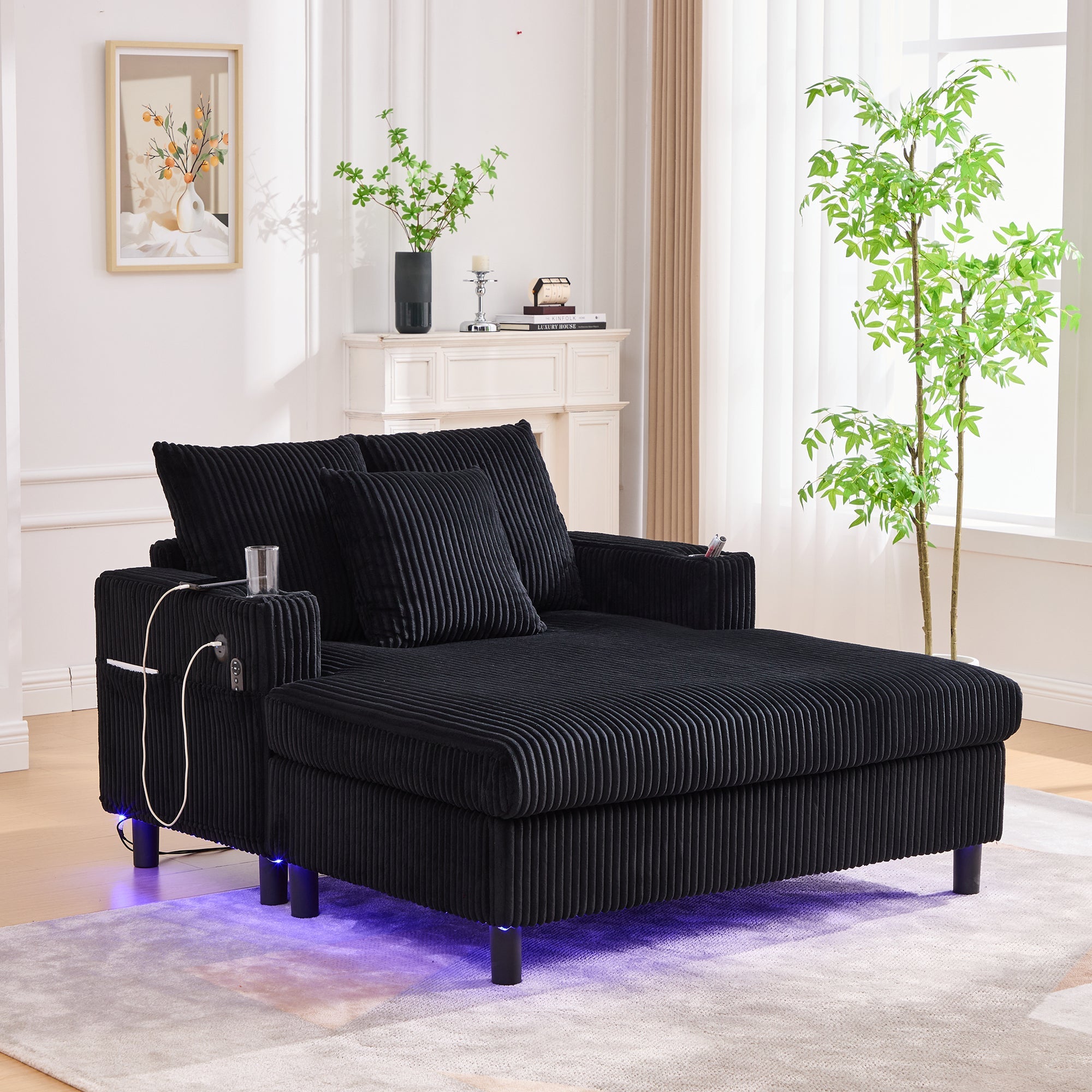 Logidon Velvet Chaise Longue Zwart met USB-oplaadpunten en LED-verlichting