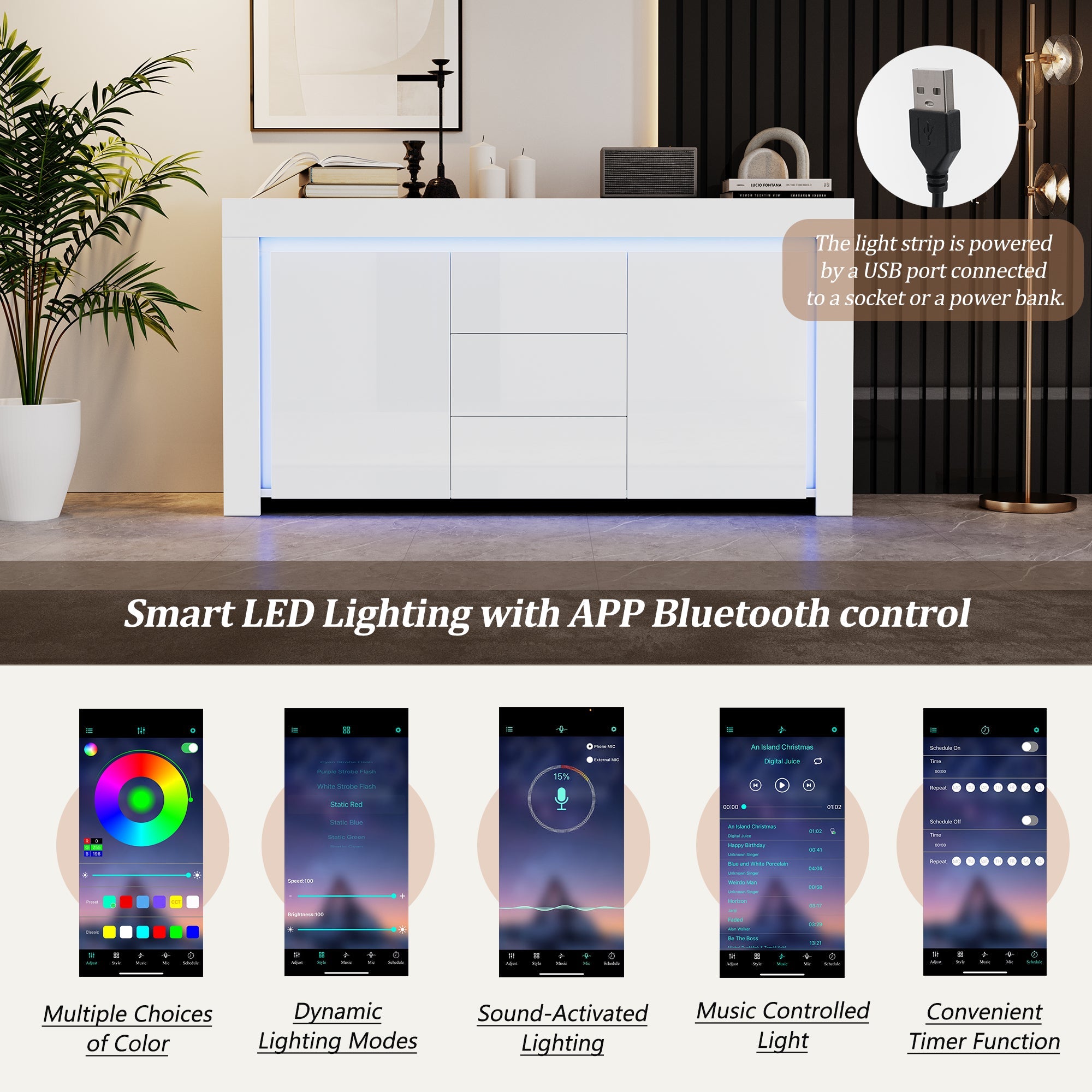 Logidon wit hoogglans dressoir 140x40x65 cm met LED verlichting