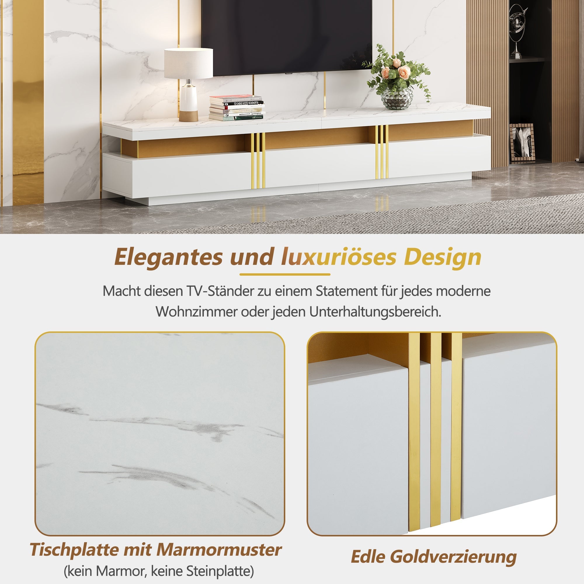 Logidon TV-meubel 200 cm marmerlook drie lades kabelmanagement