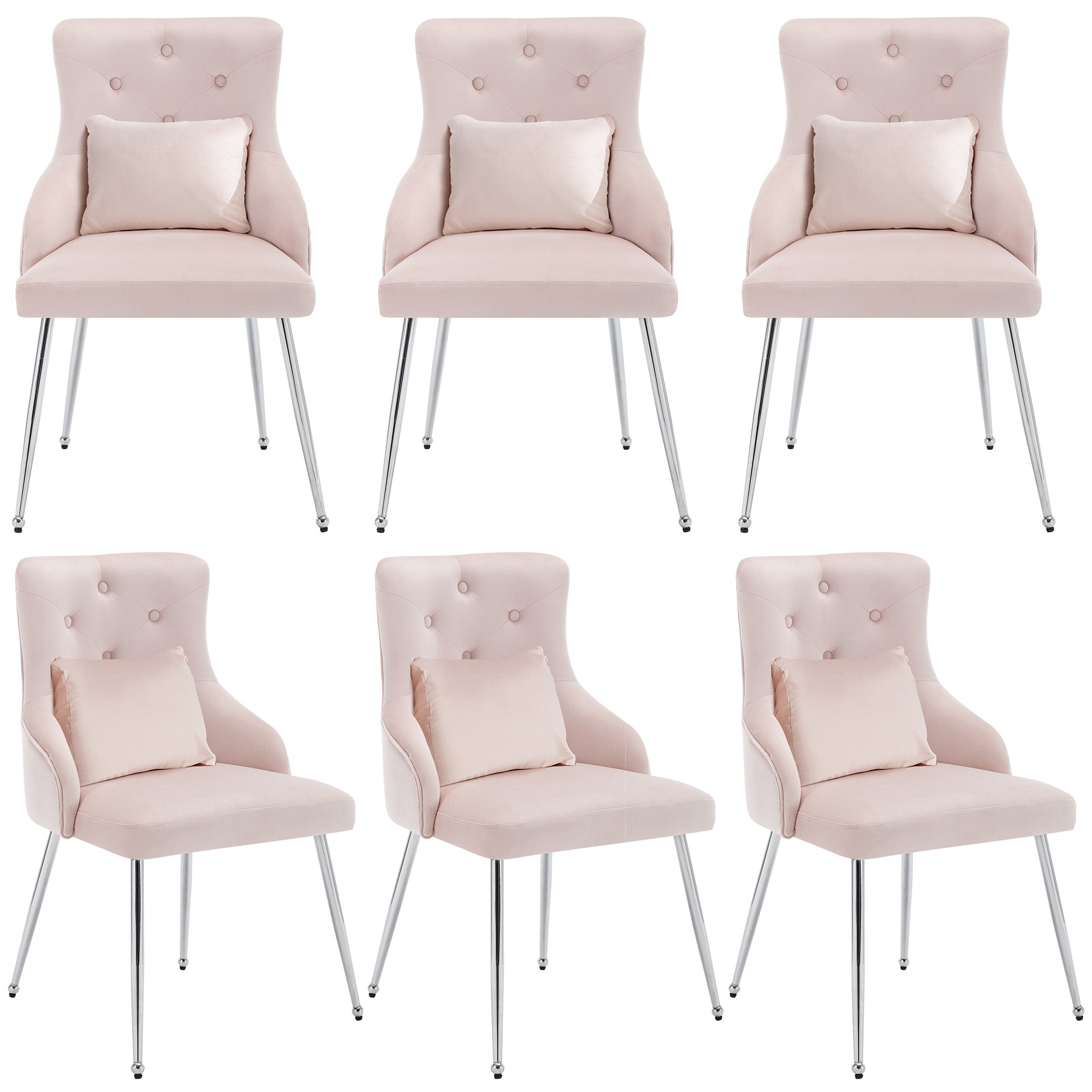 Logidon Set van 6 eetkamerstoelen met knopenpatroon roze fluweel