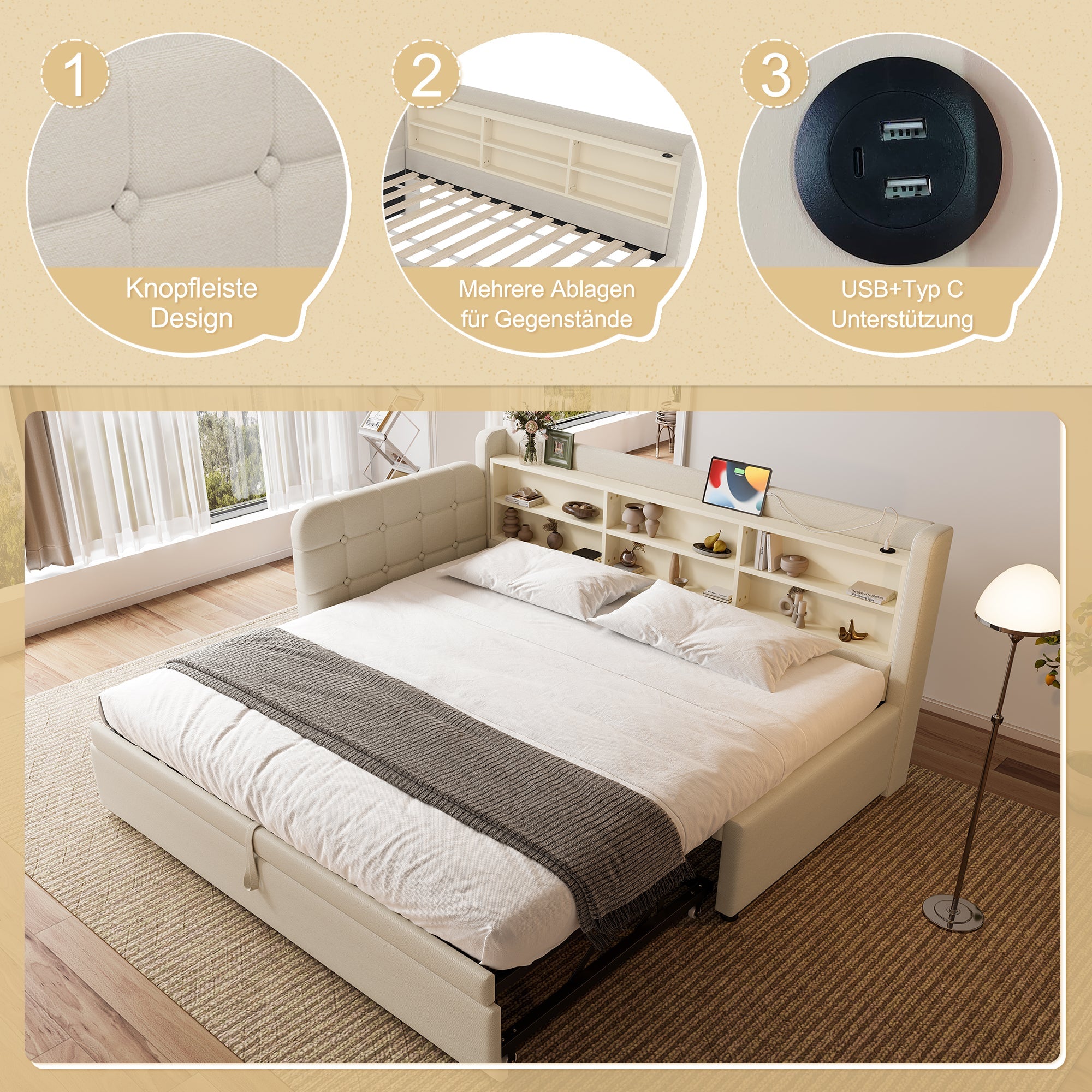 Logidon Daybed 90x200 beige linnen uitschuifbare slaapbank USB Type C