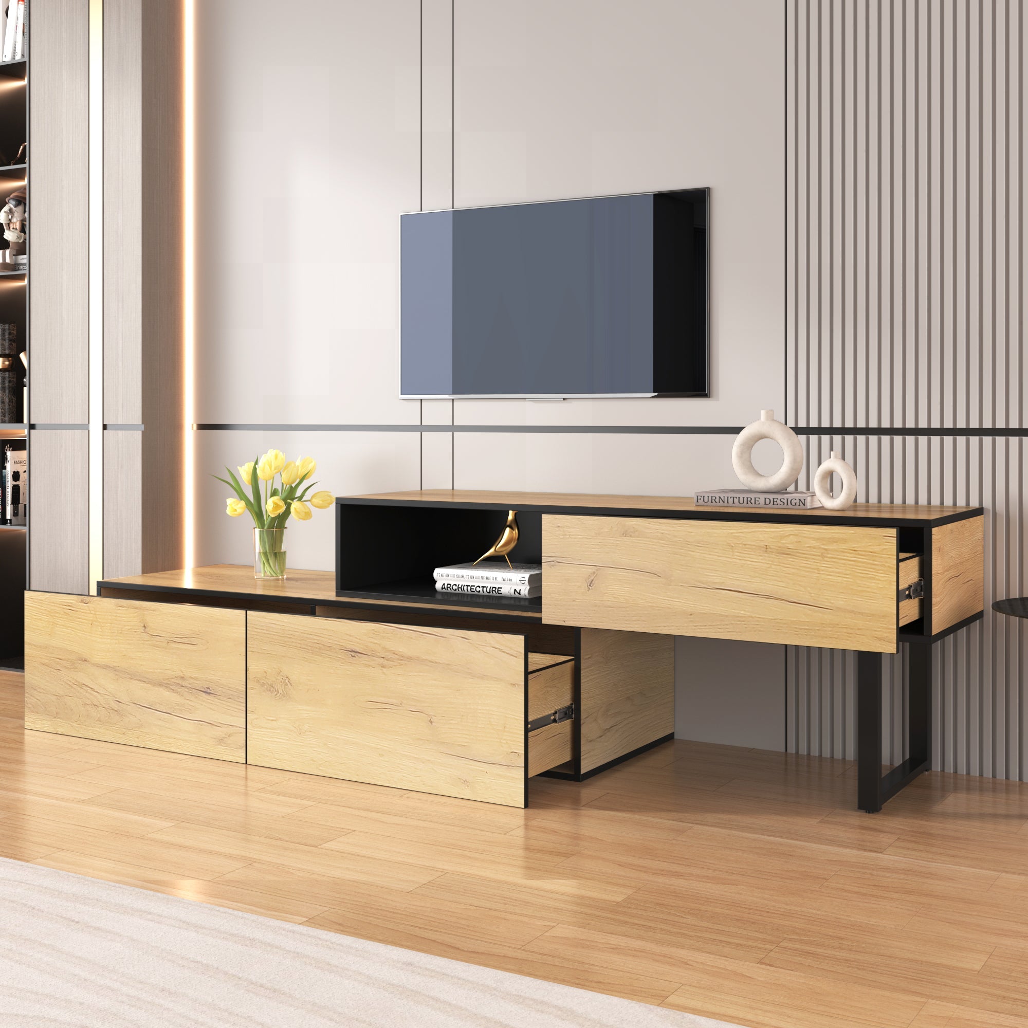 Logidon Adjustable TV Cabinet Combination 135-200cm Three Drawers Large Compartment