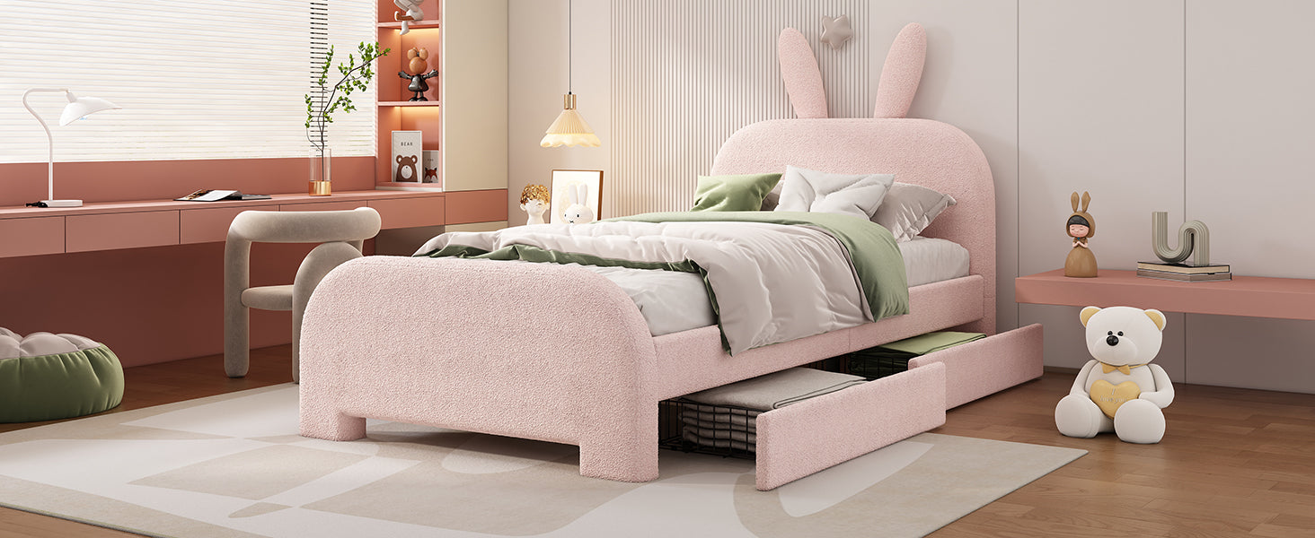 Logidon 90x200 Pink Flat Bed With Cartoon Rabbit Shape