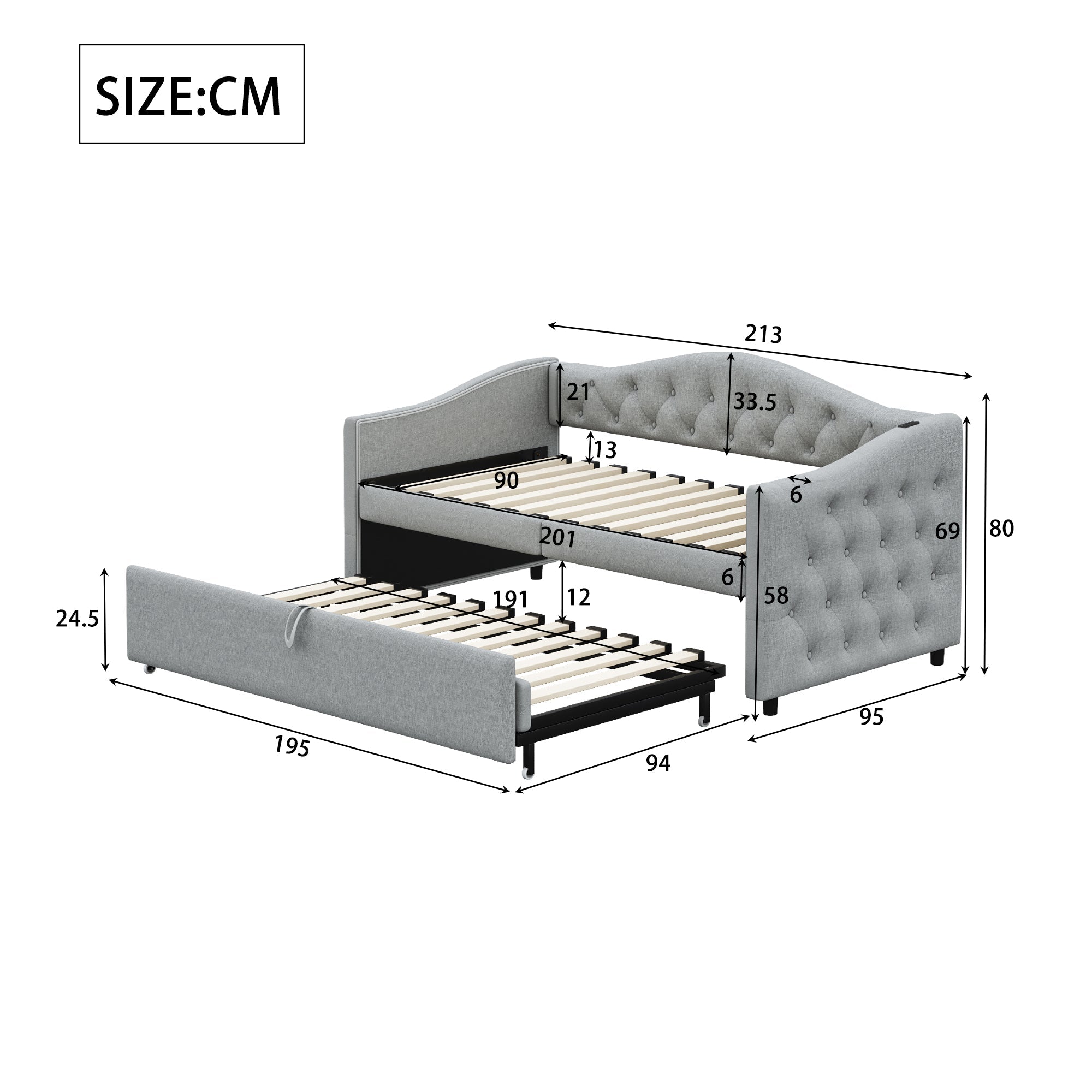 Logidon gestoffeerd bed uitschuifbare slaapbank 90x200 grijs linnen stof USB