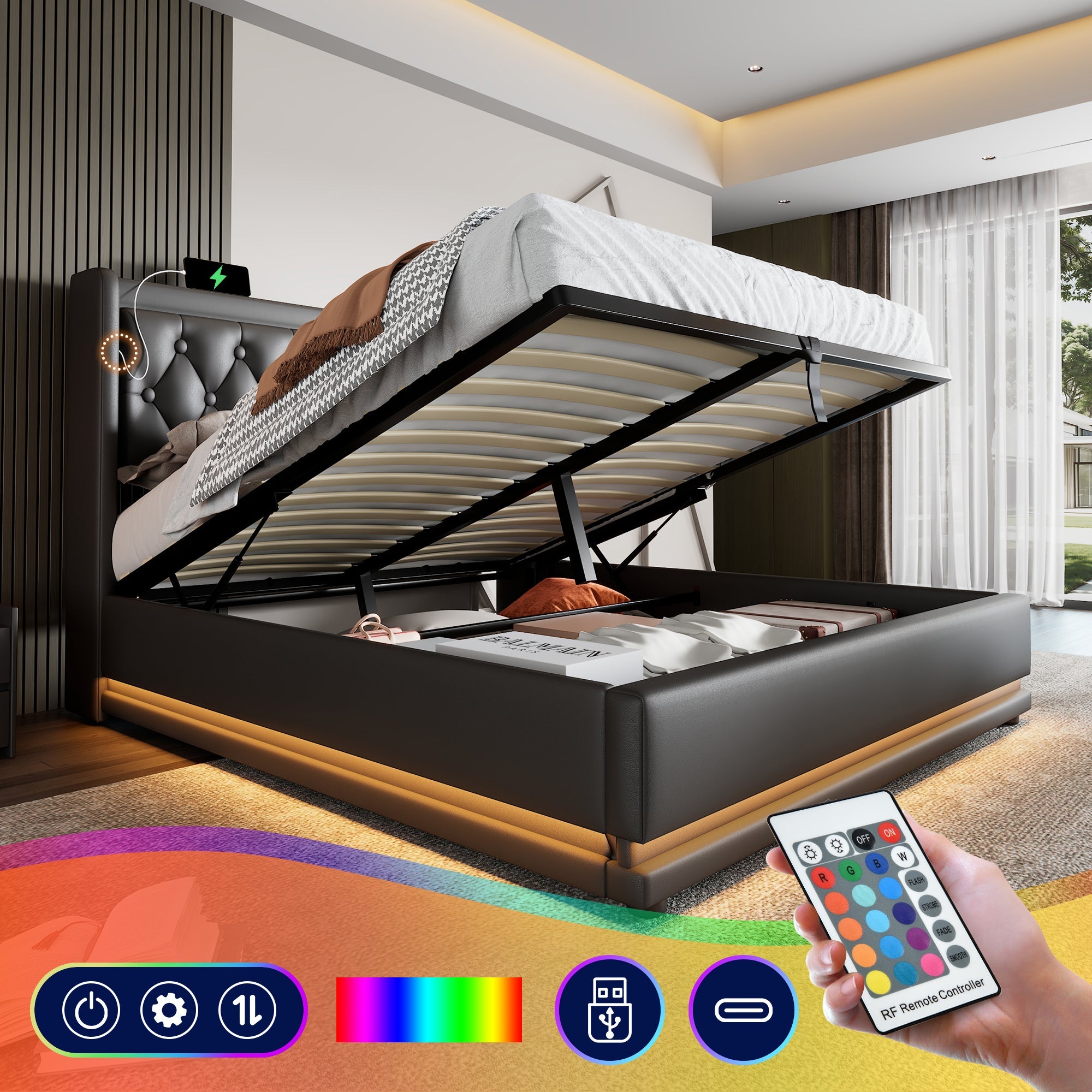Logidon Upholstered Bed 160x200 Black PU Hydraulic Storage USB C