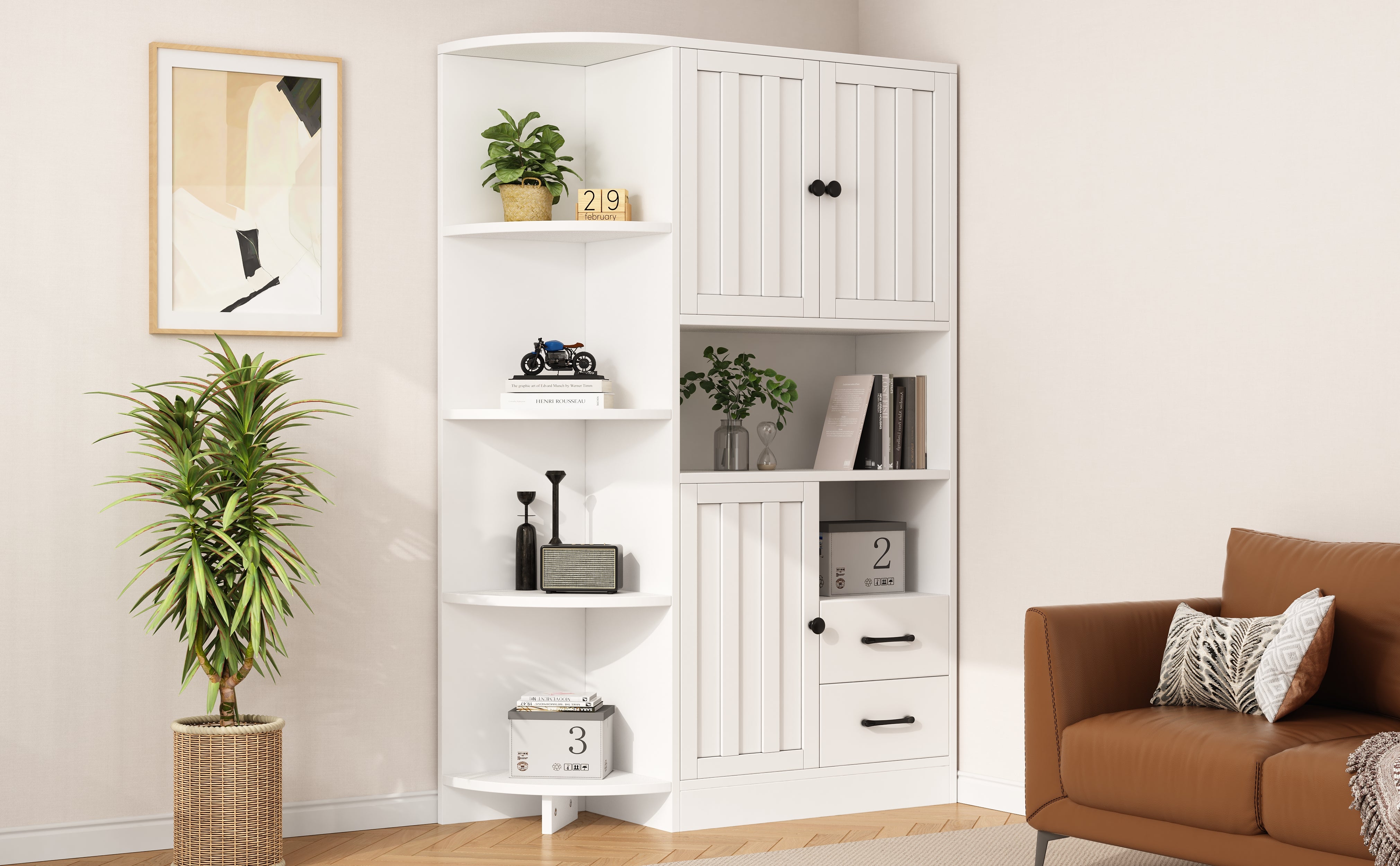Logidon corner cabinet white 104x35x155 cm display cabinet 3 doors 2 drawers