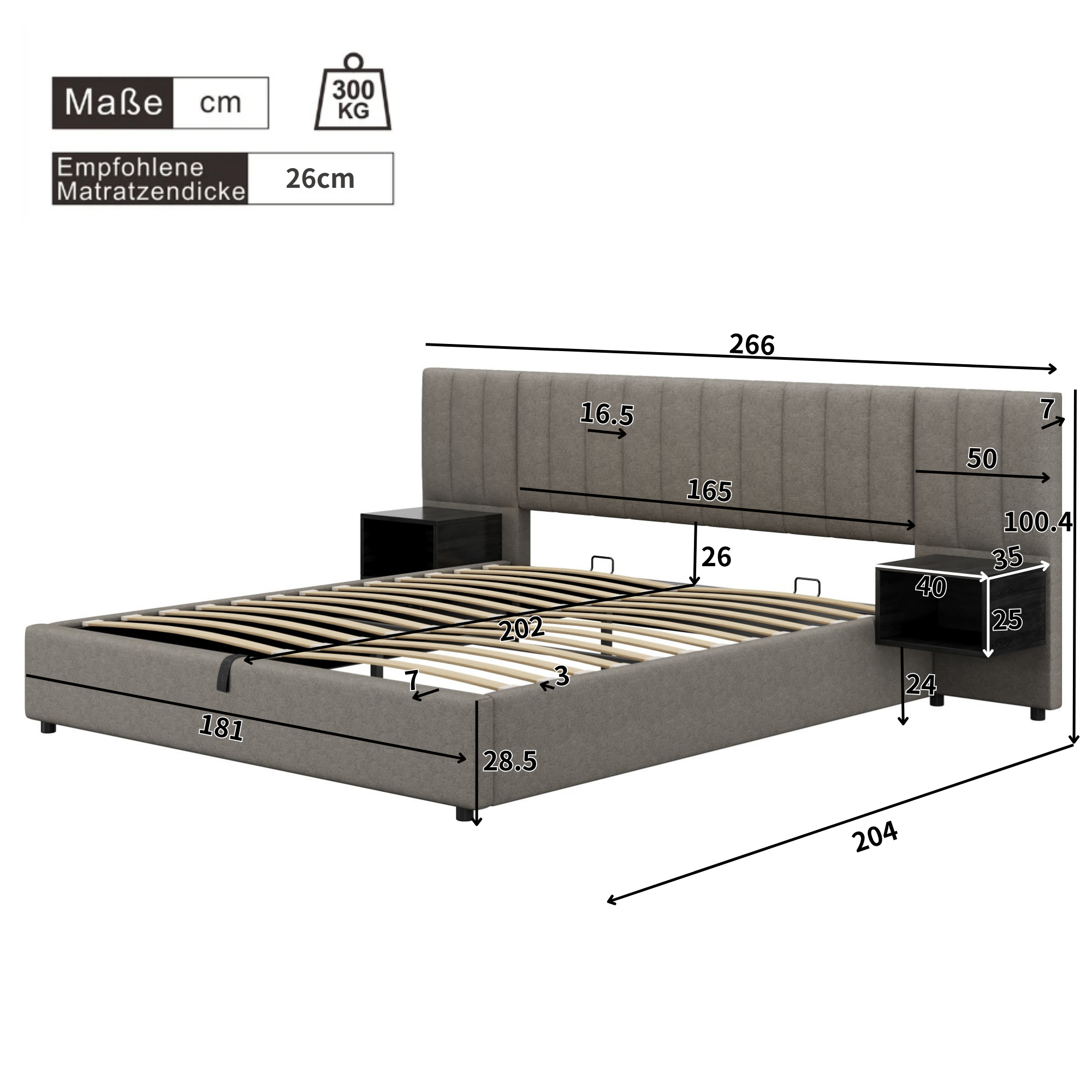 Logidon gestoffeerd bed 180x200 cm grijs zwart met twee nachtkastjes