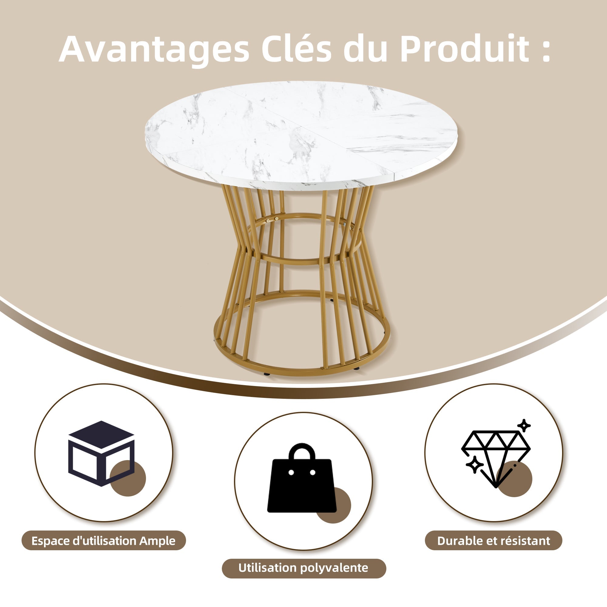 Logidon ronde eettafel wit goud marmerlook MDF 100 cm diameter