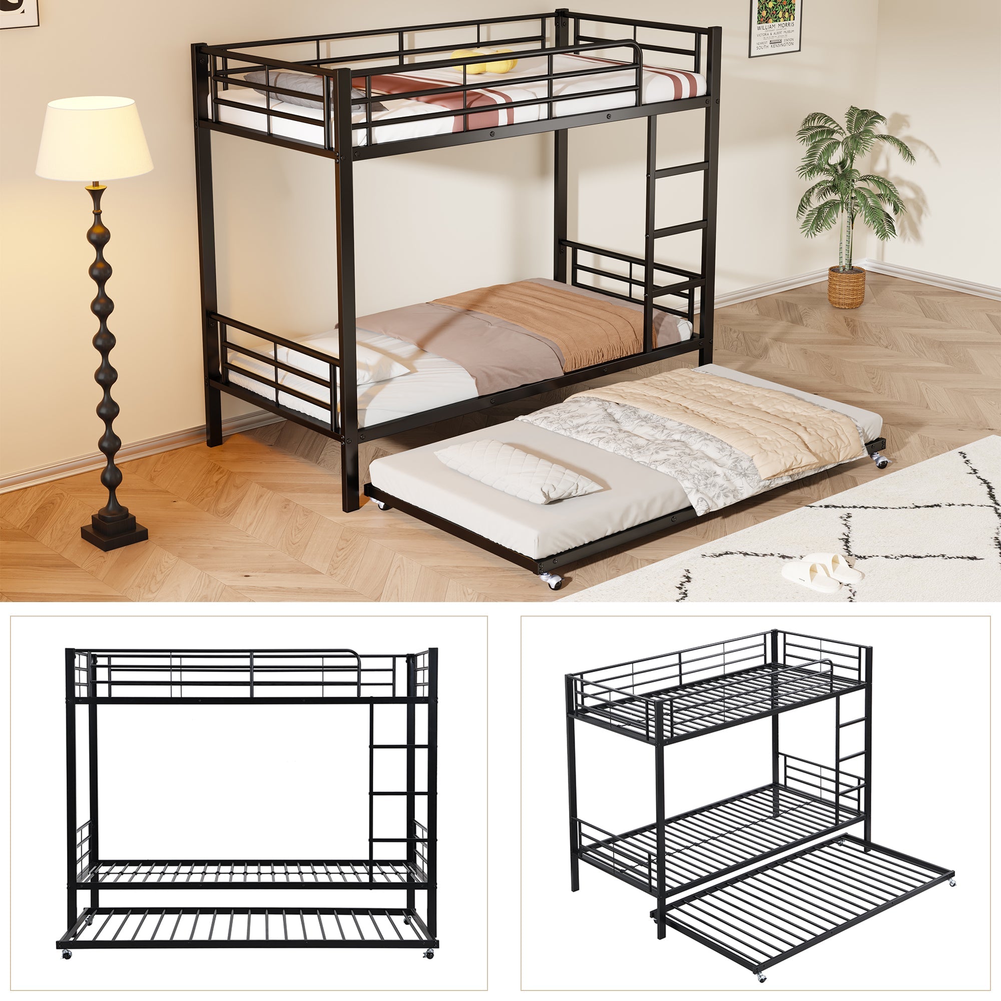 Logidon Stapelbed Ijzer Zwart 90x200 en 90x190 met uitschuifbaar bed