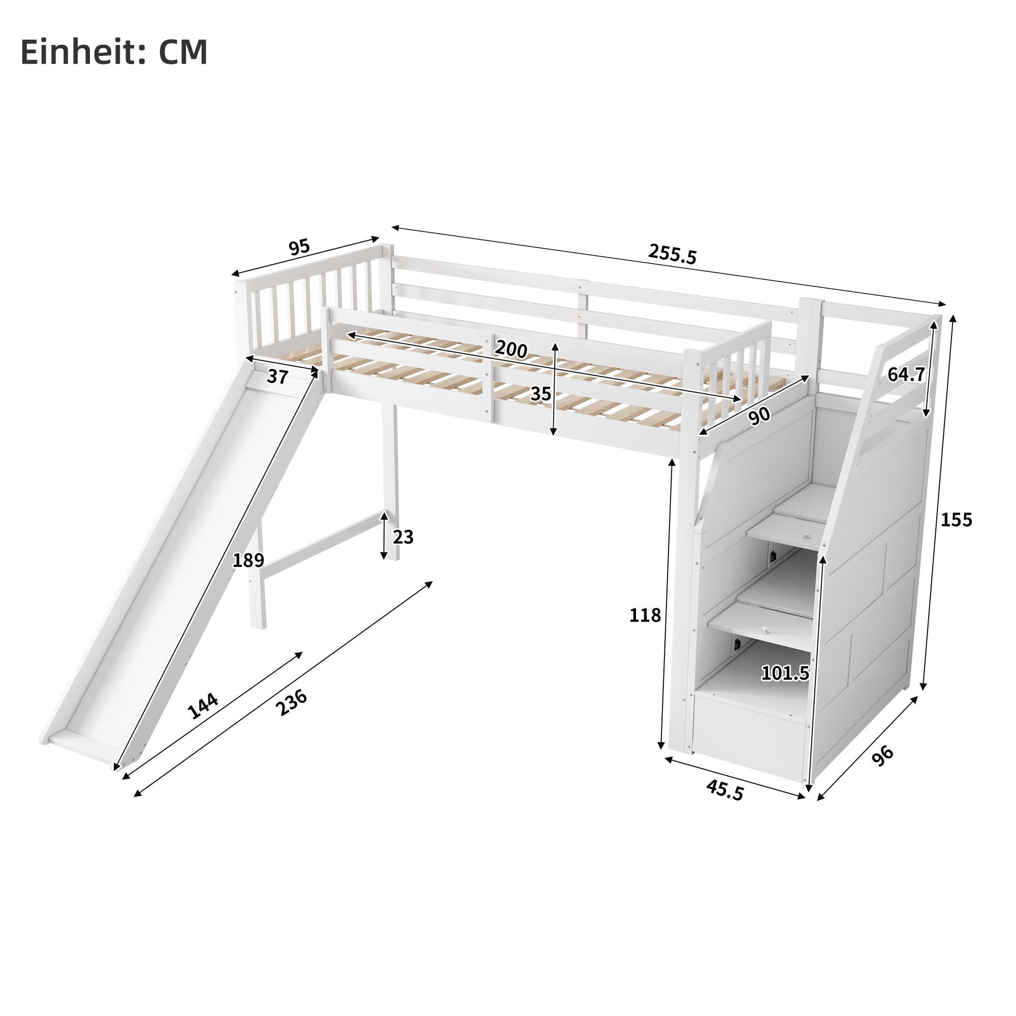 Logidon hoogslaper 90x200 cm met glijbaan en opbergladder wit EN747