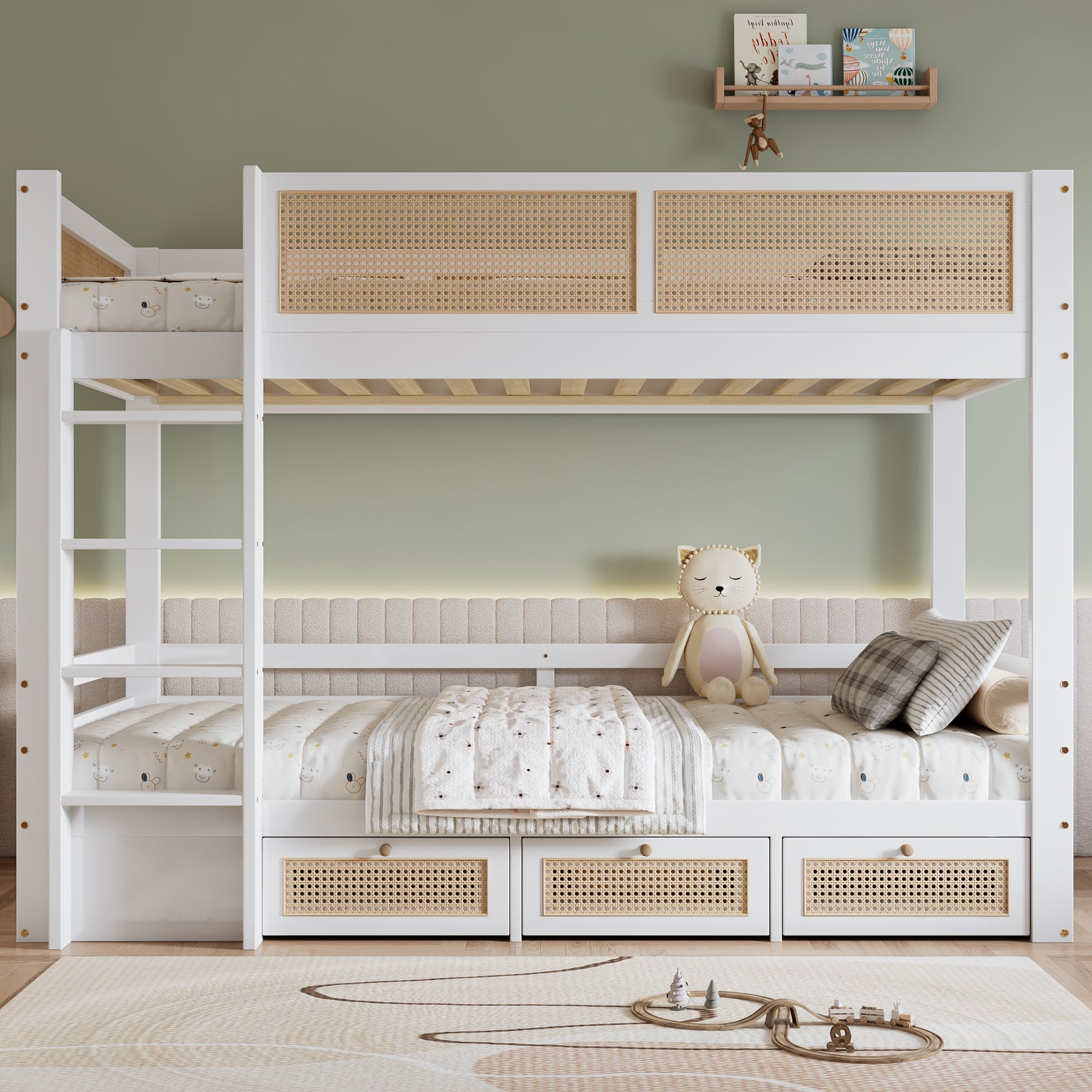 Logidon stapelbed 90x200 cm wit met rotan hekwerk drie lades