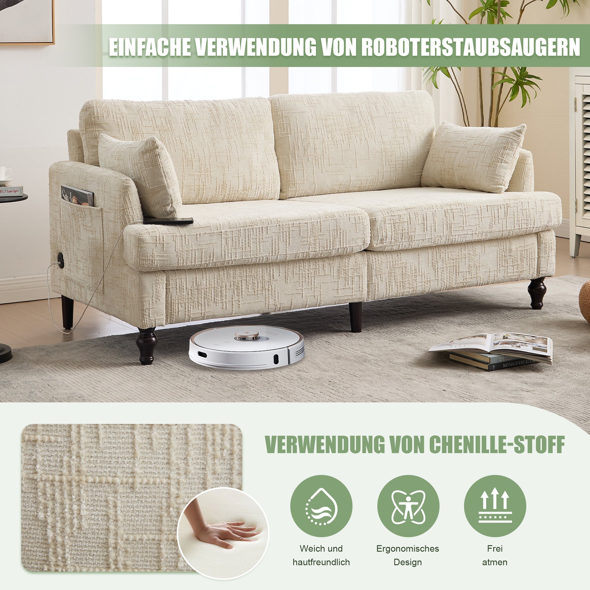 Logidon tweezitsbank van chenille, beige LED-USB-opbergruimte, houten poten