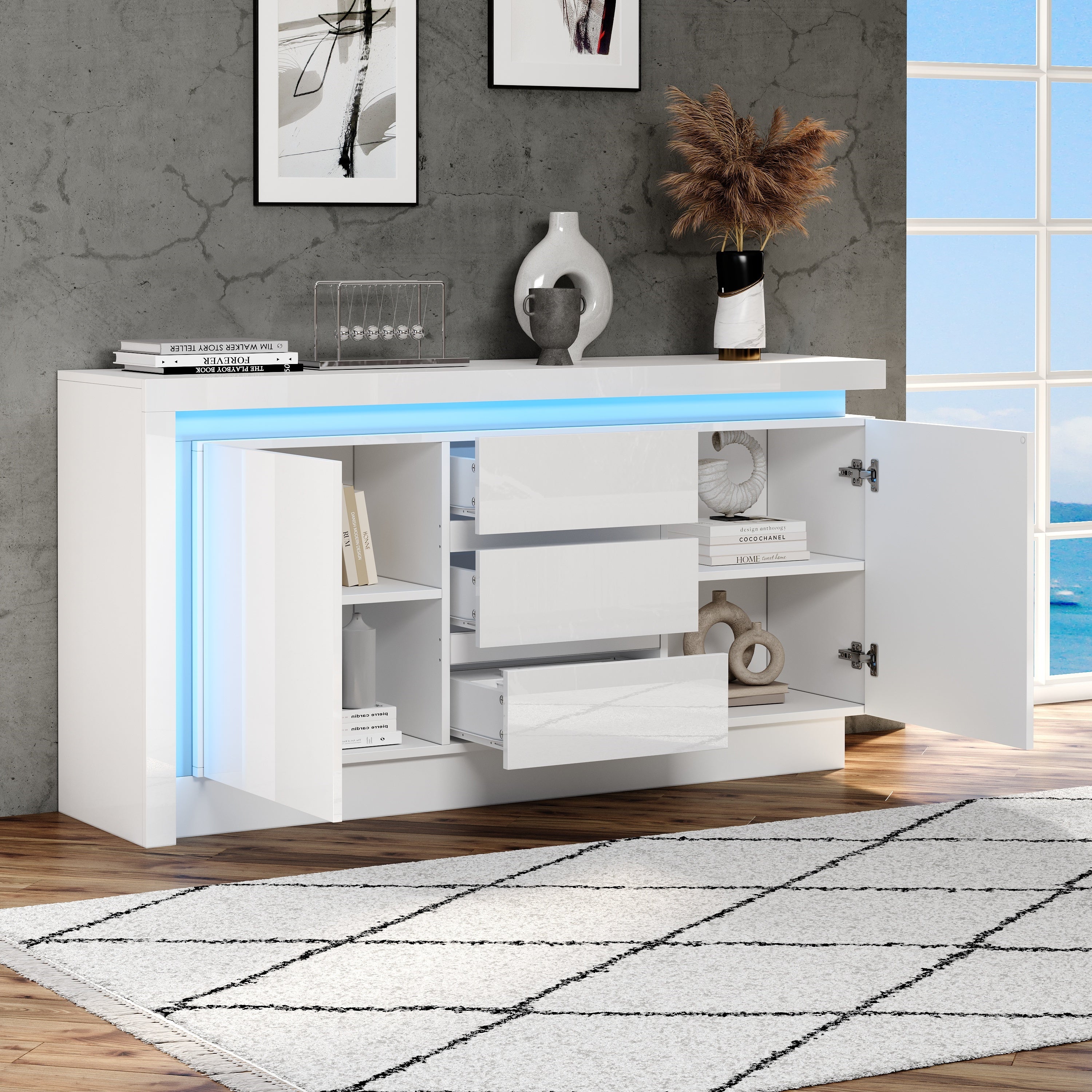 Logidon sideboard 140x35x72 cm white high gloss with LED