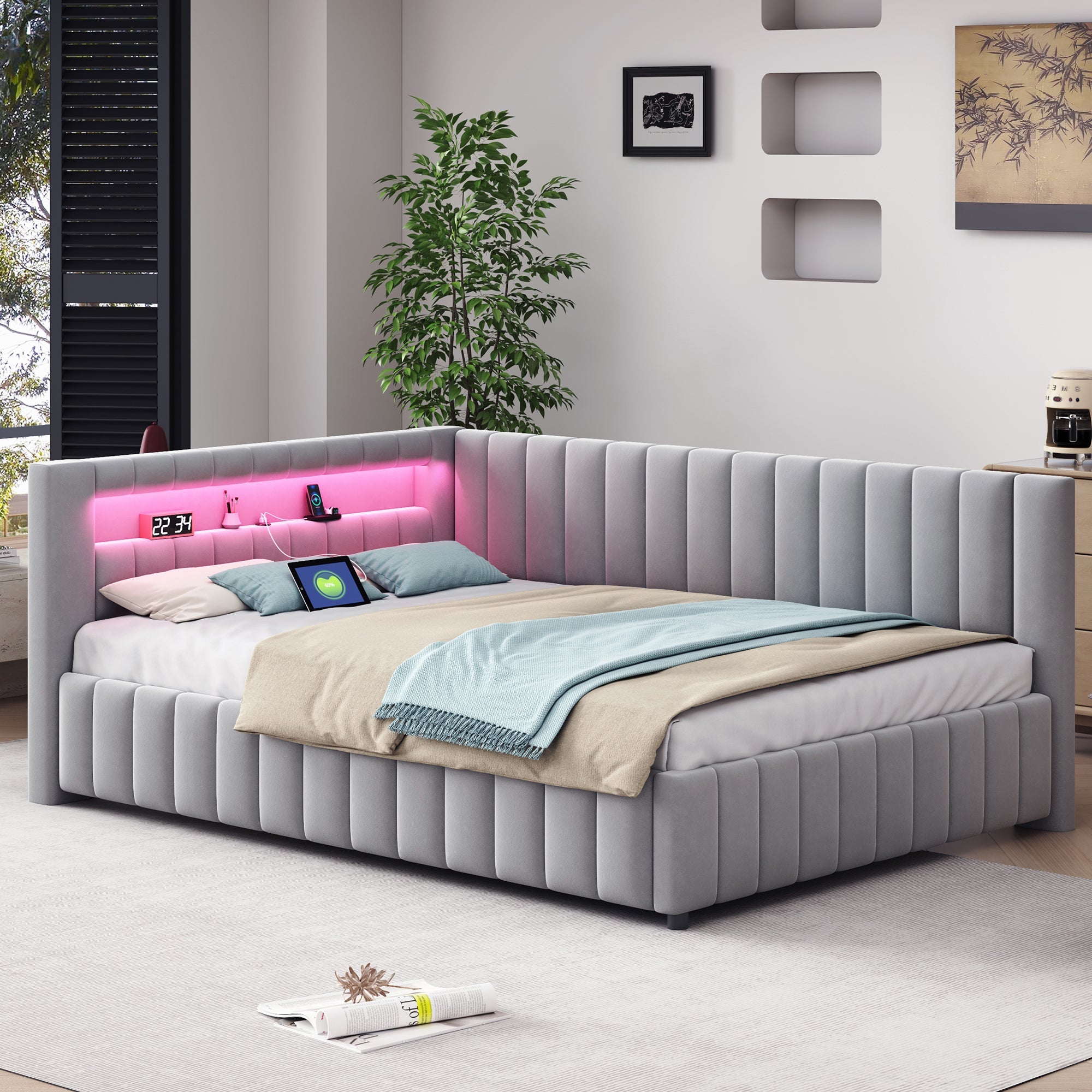 Logidon sofa bed 140x200 gray with LED light and USB charging port