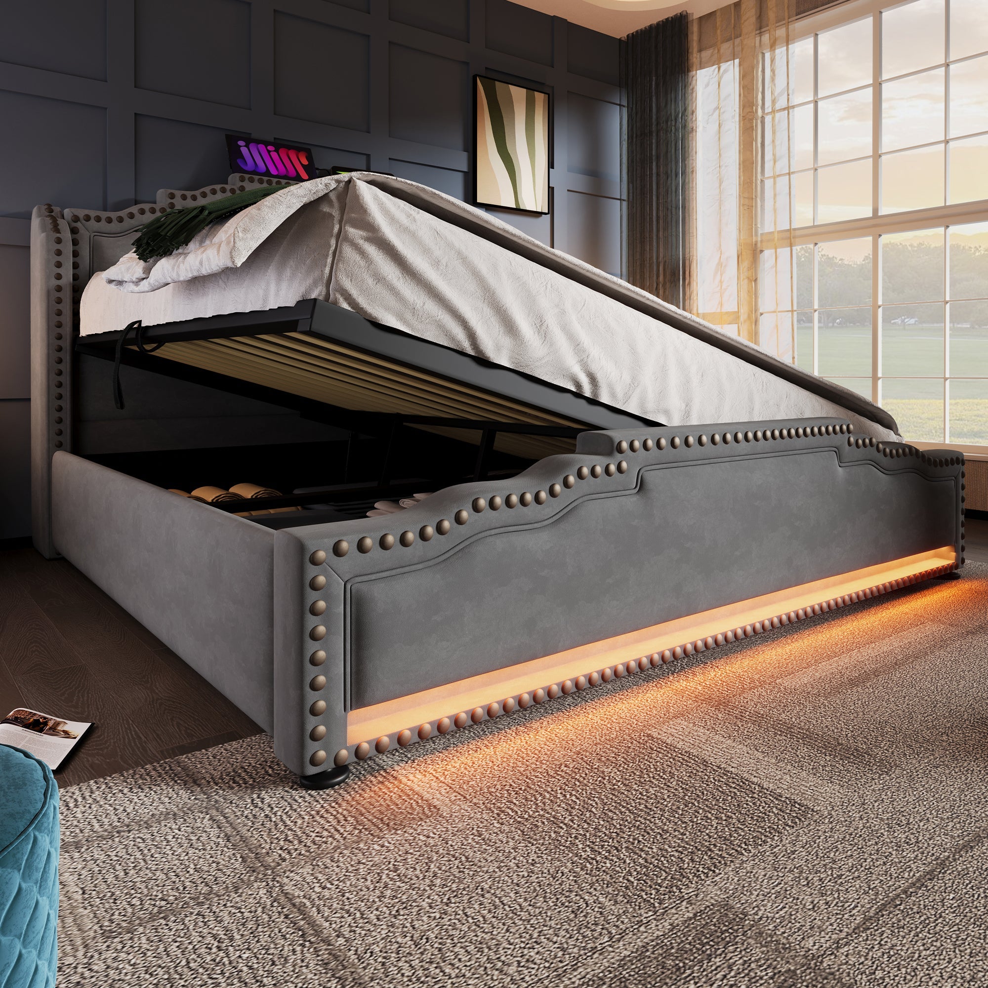 Logidon gestoffeerd bed 160x200 grijs fluweel met opbergruimte LED USB C