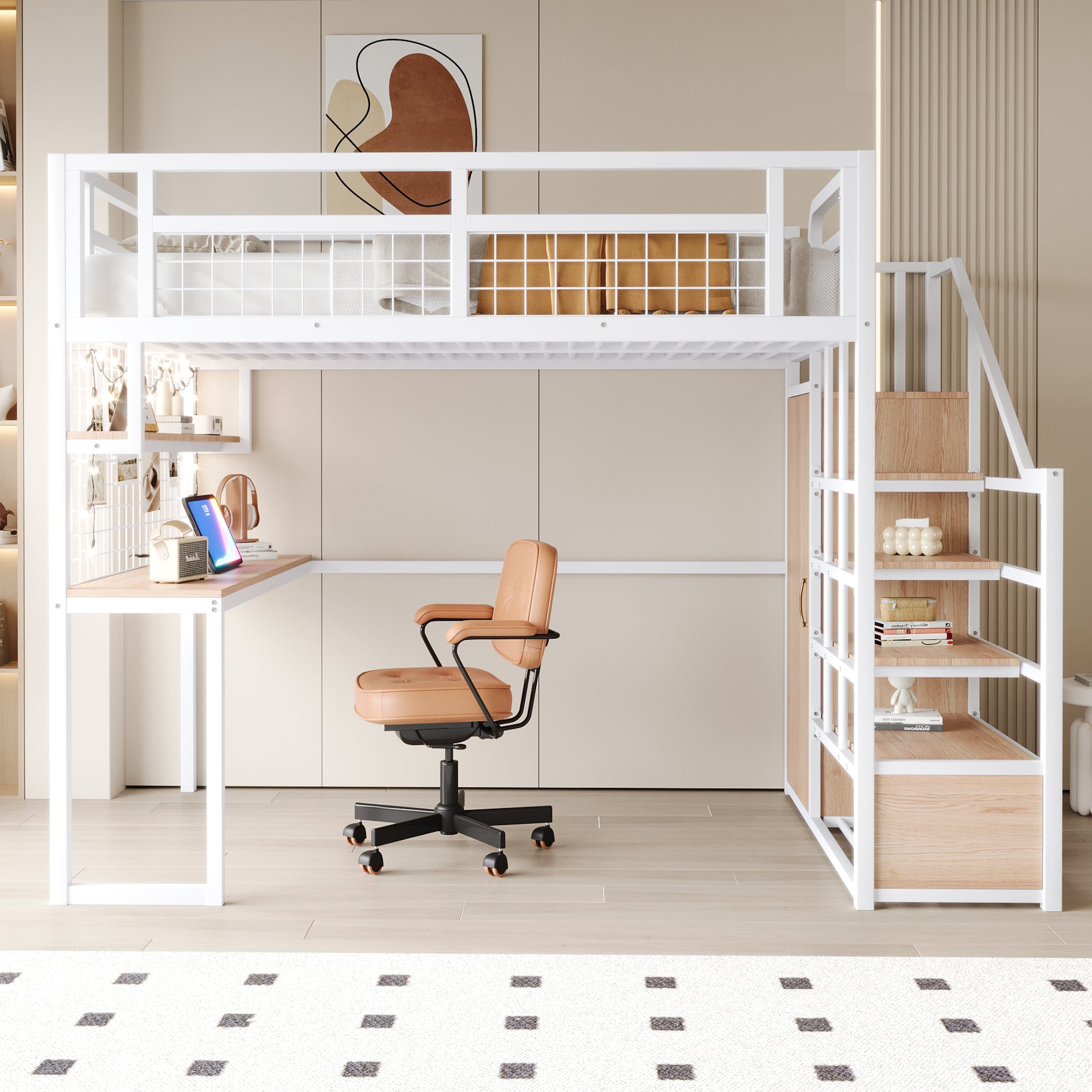Logidon metalen hoogslaper 140x200 cm wit met opbergladder